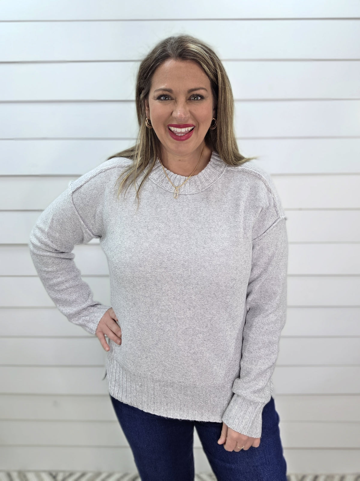 LT GREY ULTRA SOFT SEAM DETAIL PULLOVER SWEATER