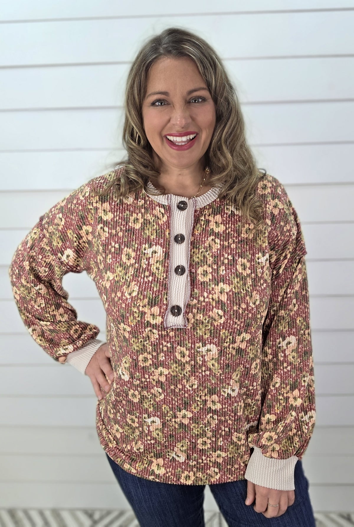 MARSALA FLORAL RAISED RIBBED HENLEY KNIT TOP