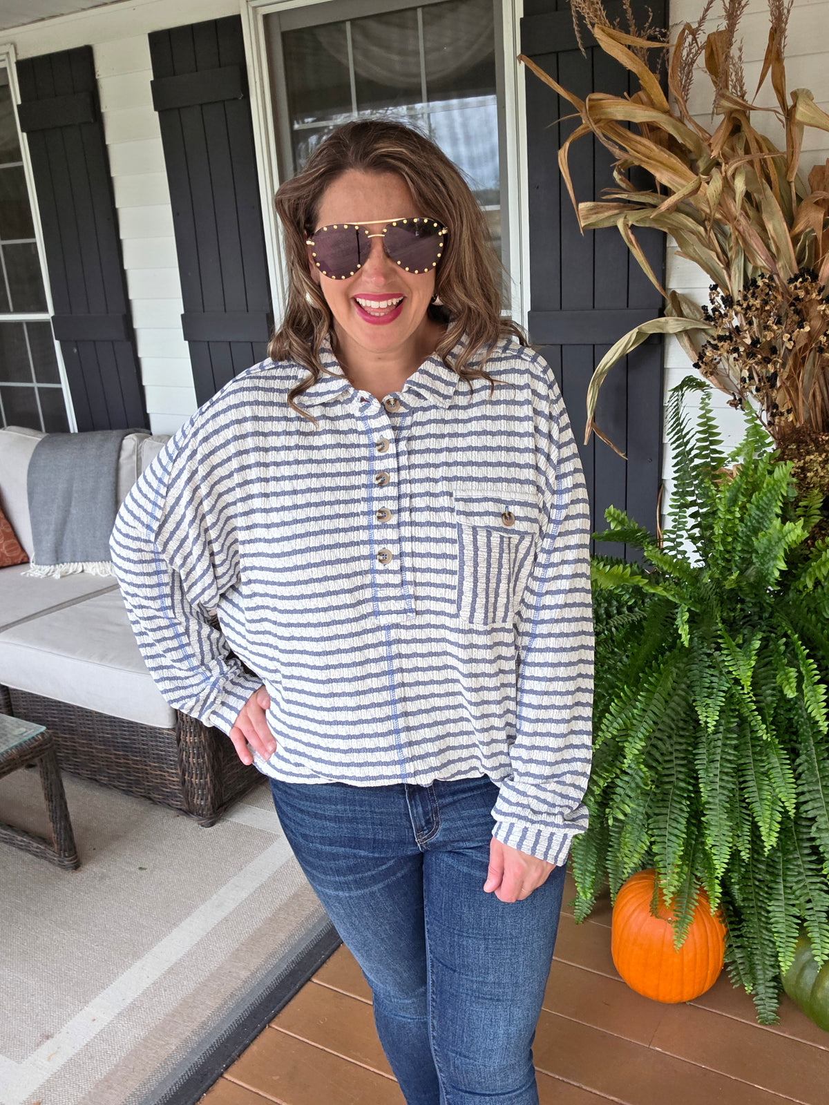 DENIM STRIPED TEXTURED OVERSIZED HENLEY TOP