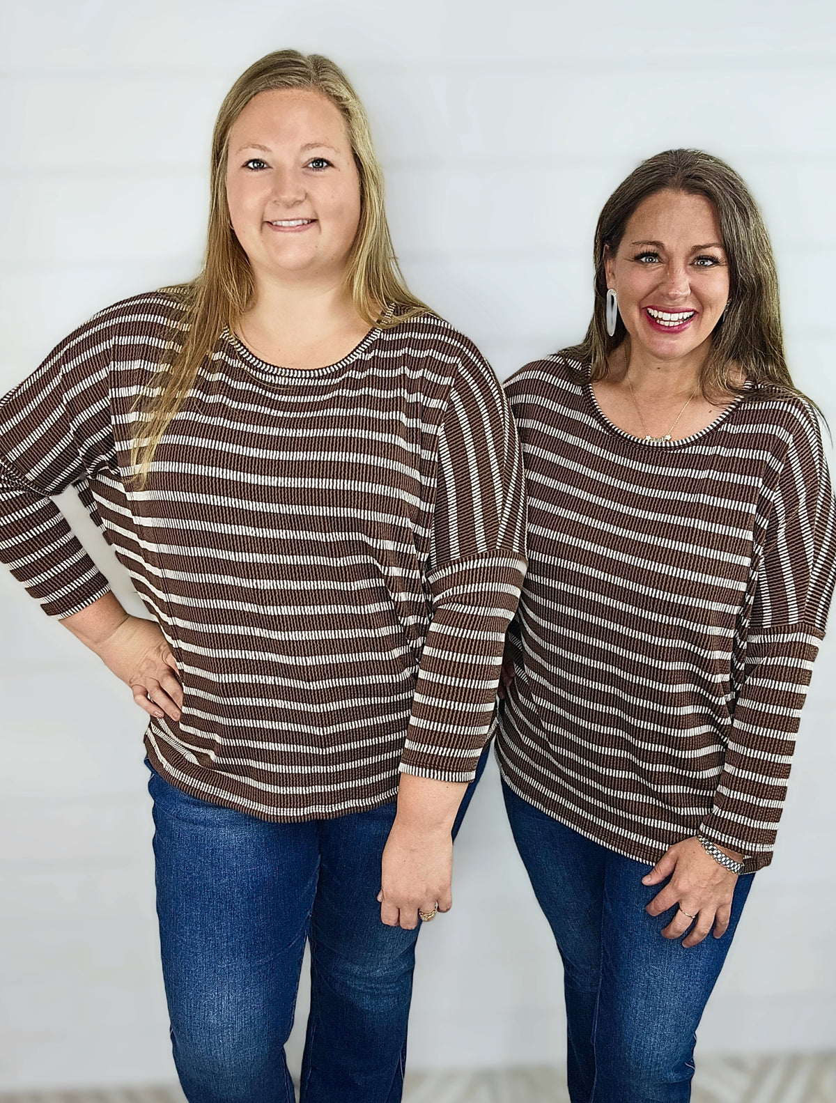 BROWN STRIPED RASIED RIBBED DOLMAN TOP