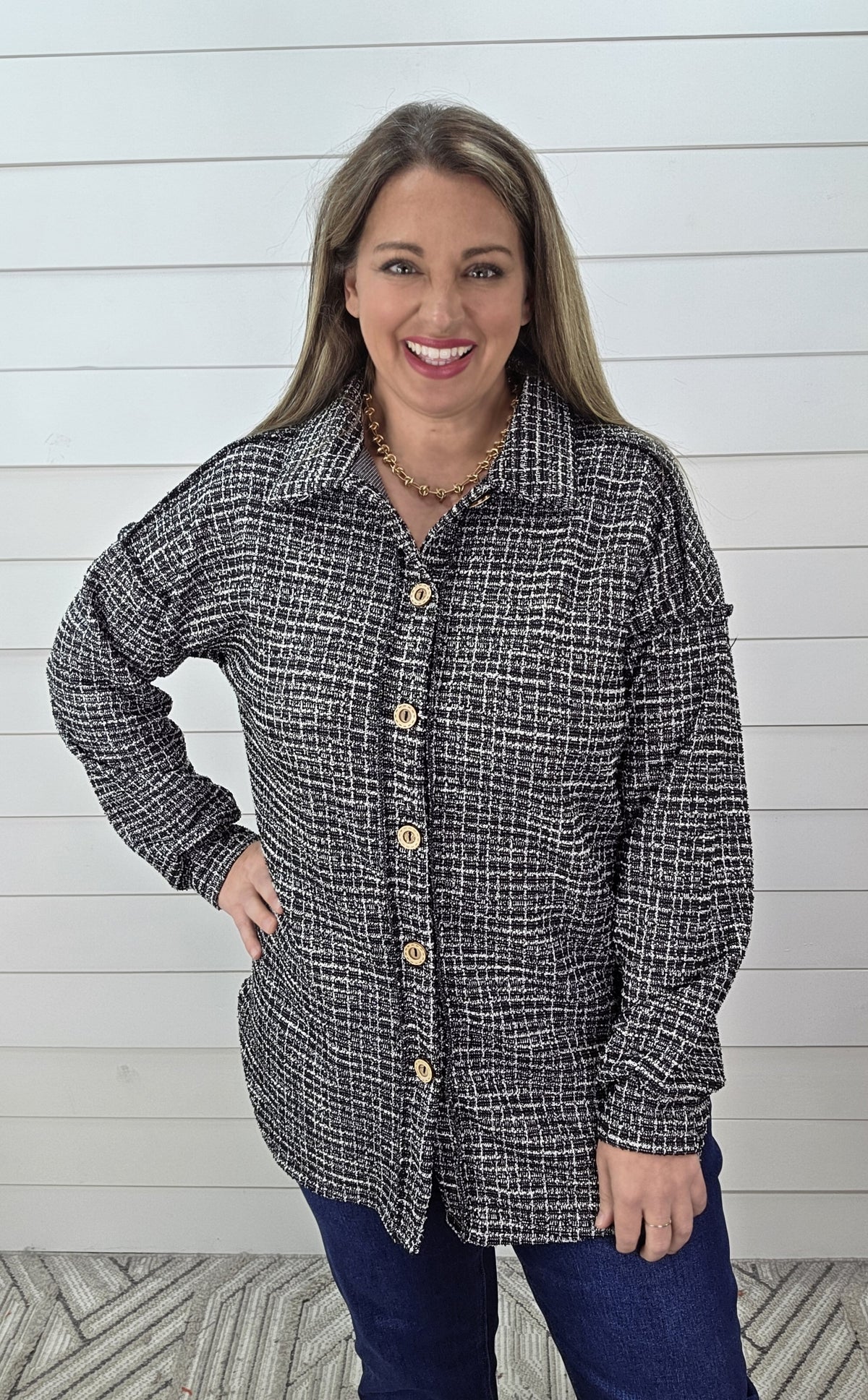 BLACK/CREAM GLITZ PLAID SOFT TWEED BUTTON DOWN