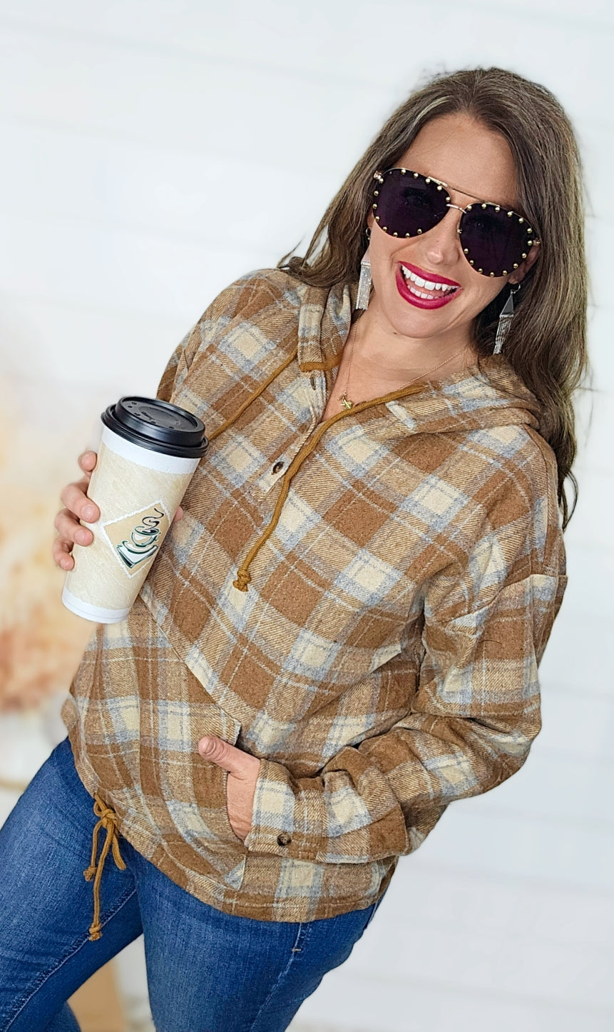 TAUPE LIGHTWEIGH FLANNEL PLAID PULLOVER W/ KANGAROO POCKET