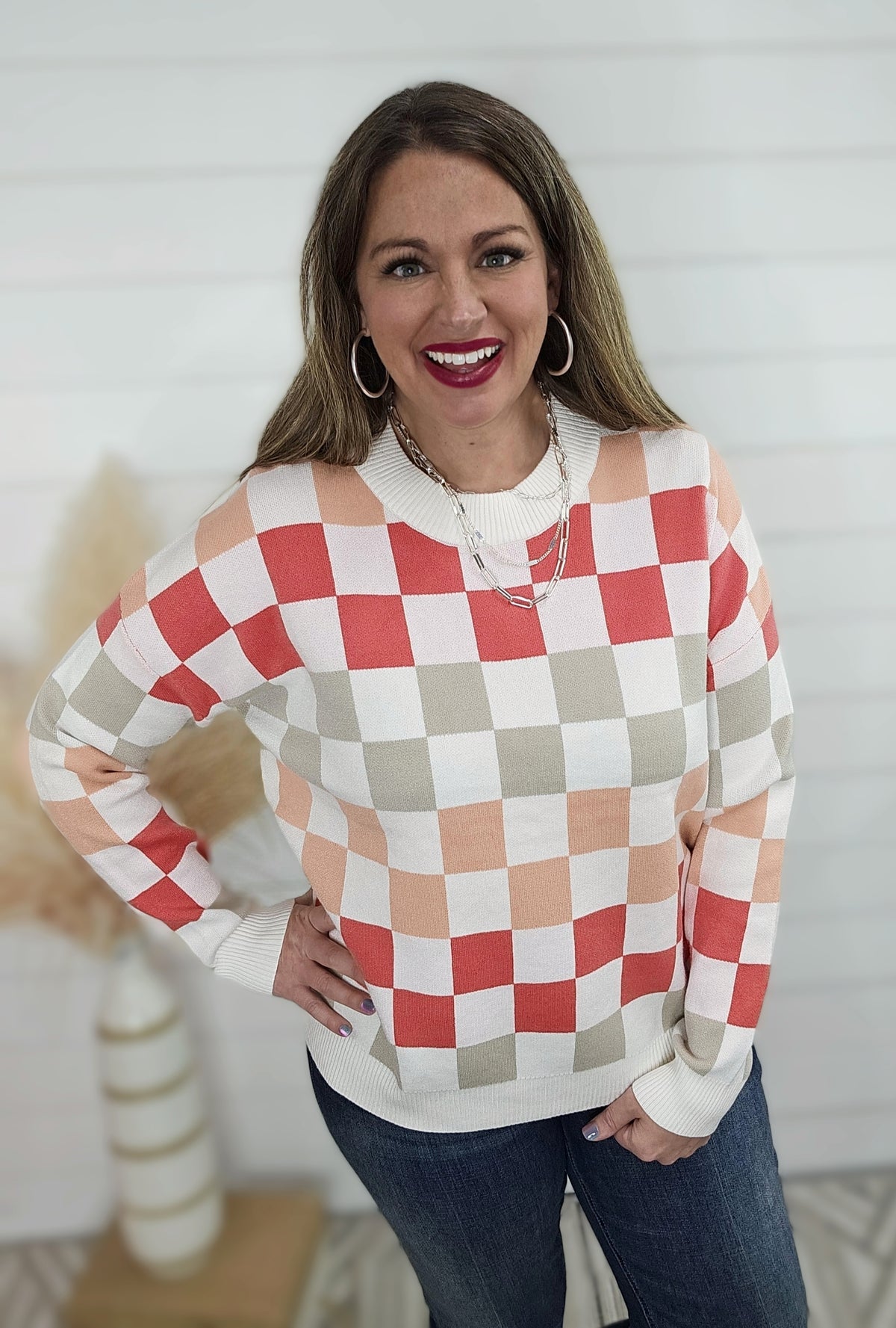 MULTI CHECKERBOARD KNIT PULLOVER SWEATER