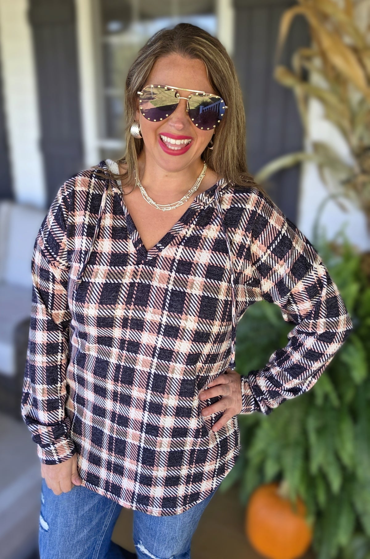 NAVY/ROSE PLAID CHECK FRECH TERRY HOODIE