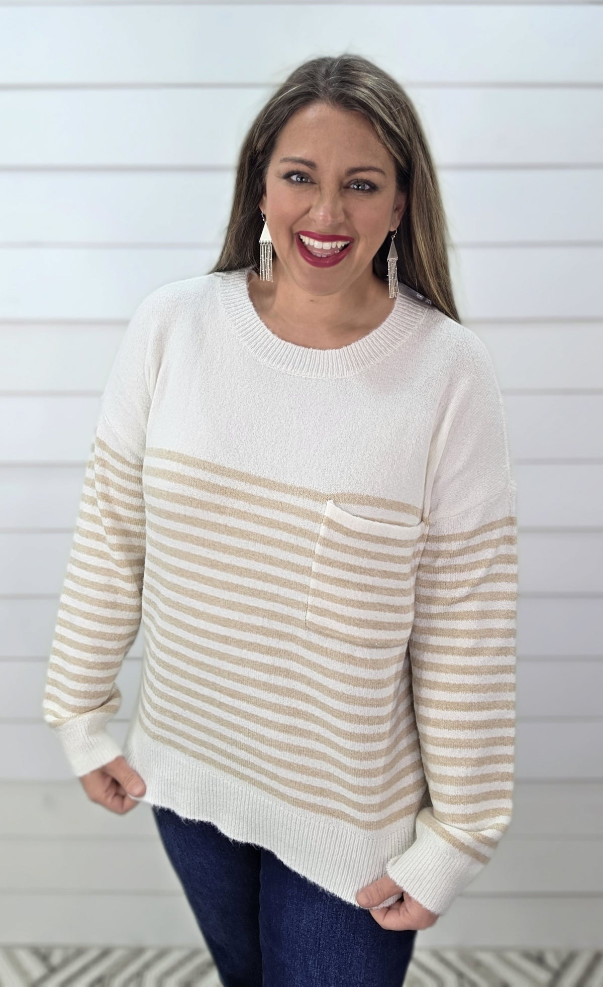 TAUPE/IVORY STRIPED POCKET CREW NECK SWEATER