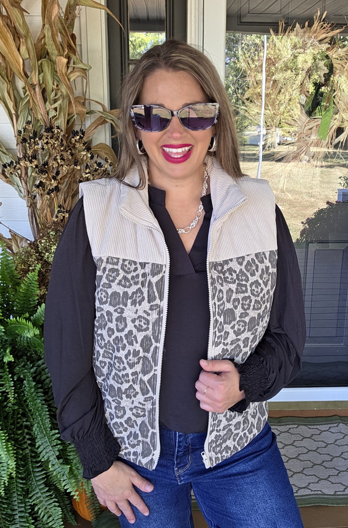 OATMEAL/LEOPARD CORDED CONTRAST VEST