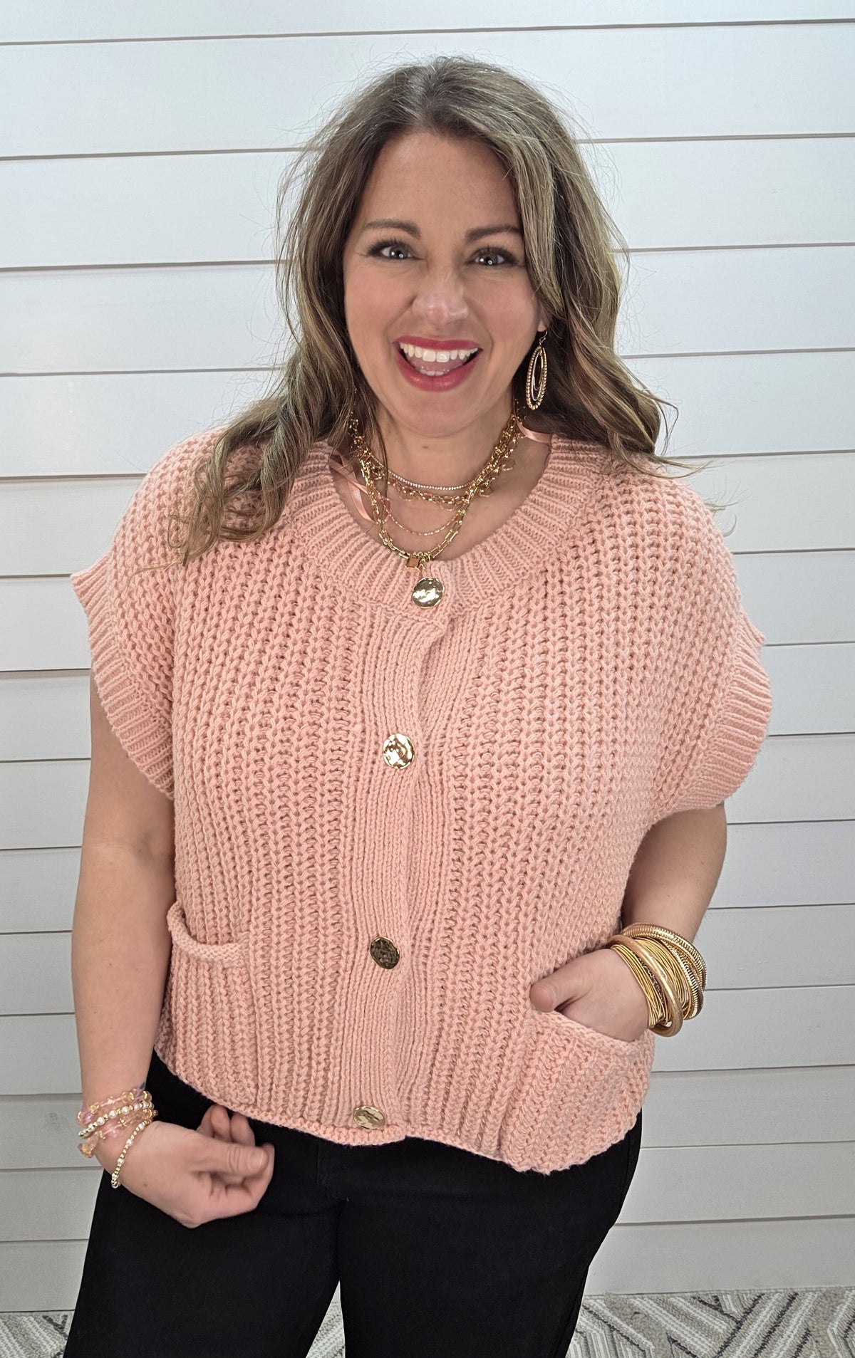 BLUSH CHUNKY SHORT SLEEVE GOLD BUTTON SWEATER