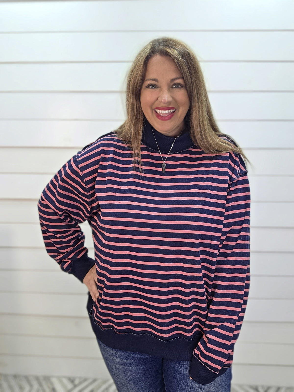 NAVY/MAUVE STRIPED MOCK NECK PULLOVER