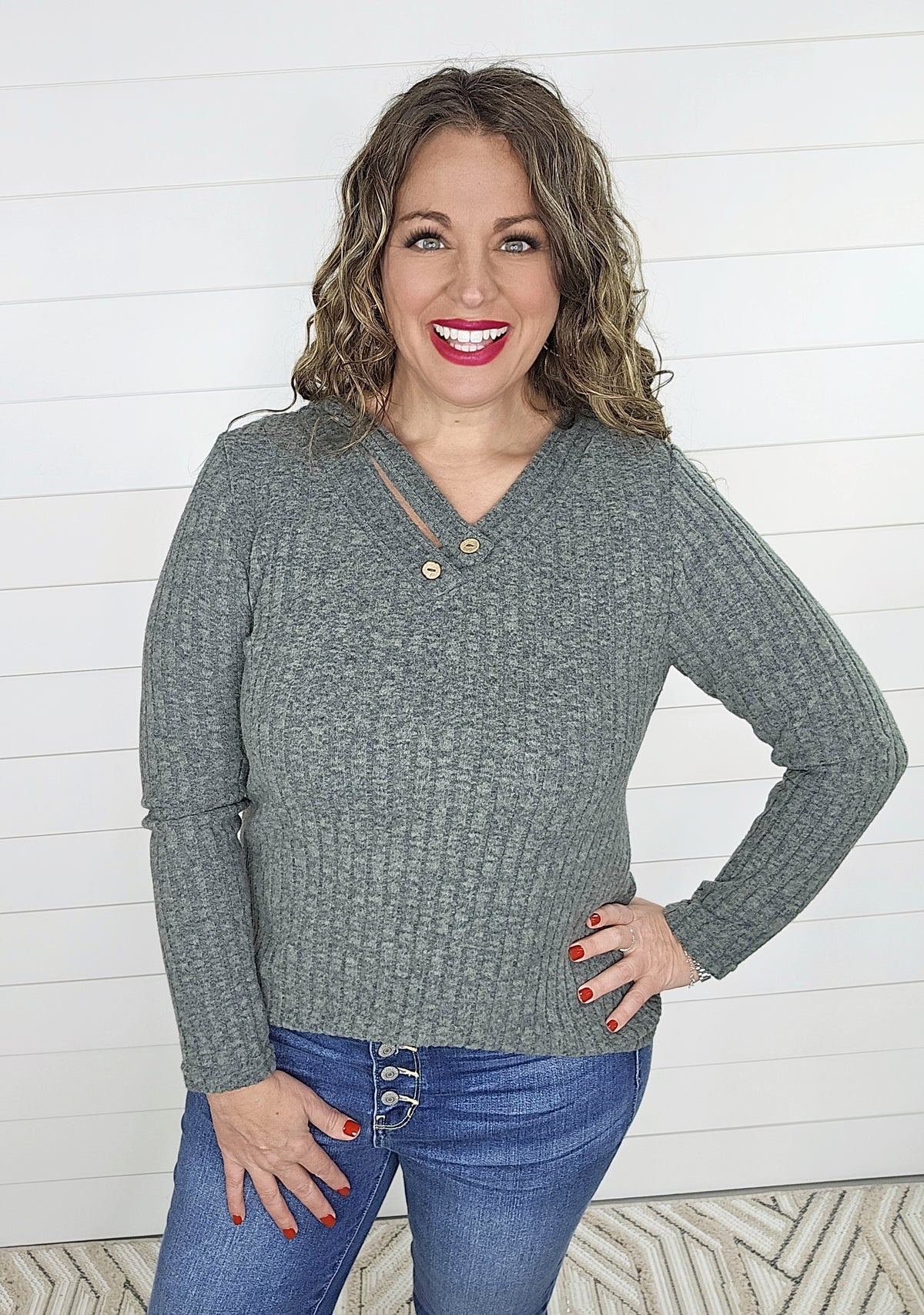 OLIVE BRUSHED KNIT BUTTON STRAPED V NECK TOP