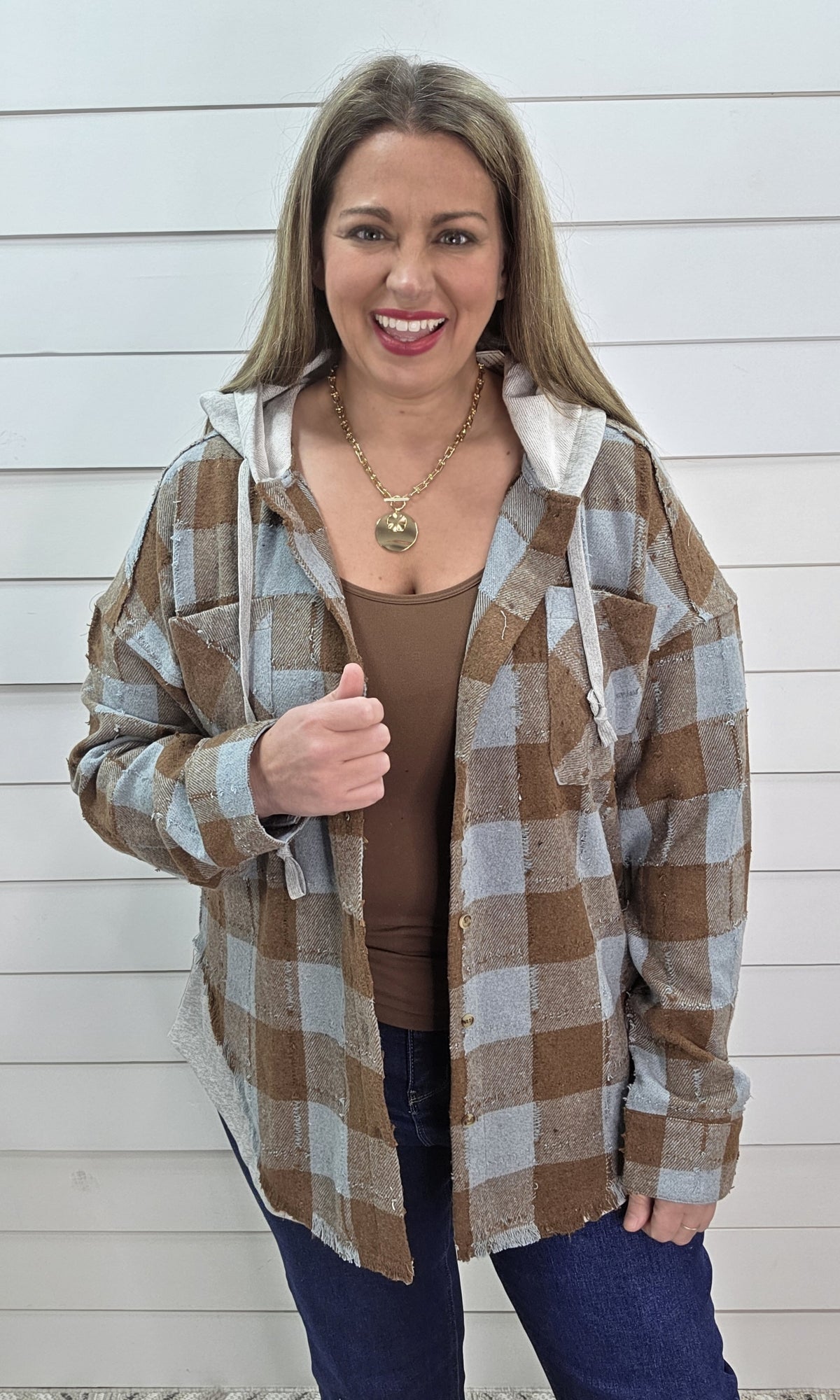 BLUE/MOCHA PLAID BUTTON DOWN HOODED SHACKET