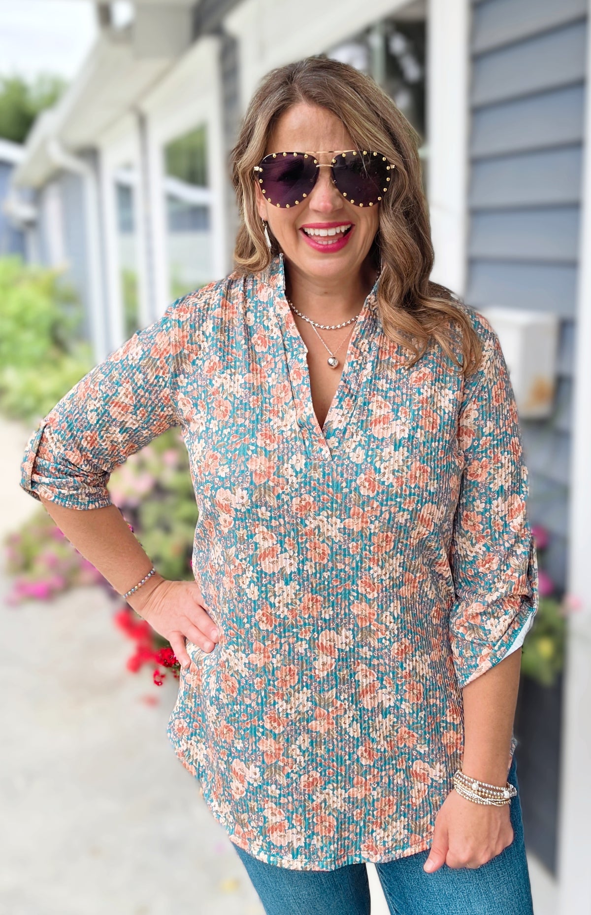 TEAL RIBBED FLORAL 3/4 SLEEVE KNIT TOP