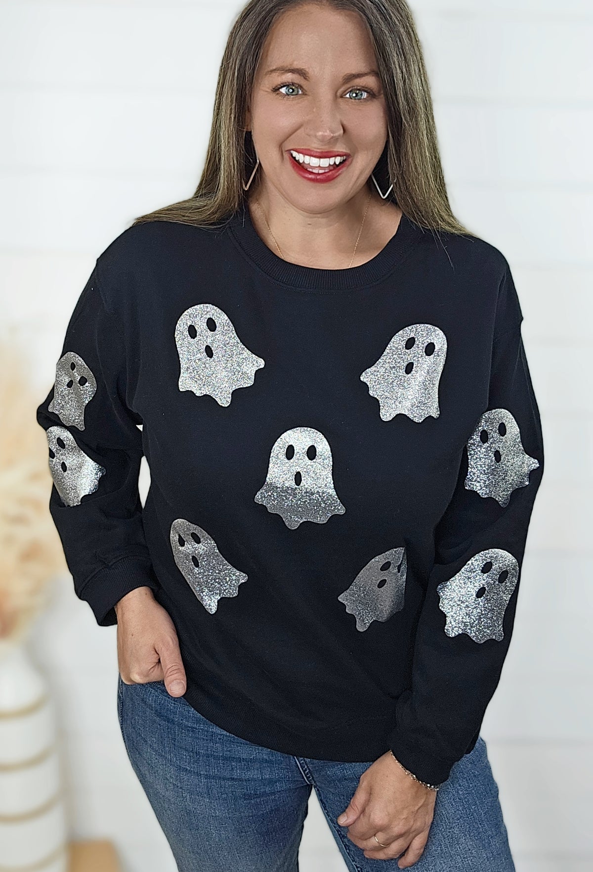 BLACK/SILVER GHOST GLITTER CREW NECK SWEATSHIRT