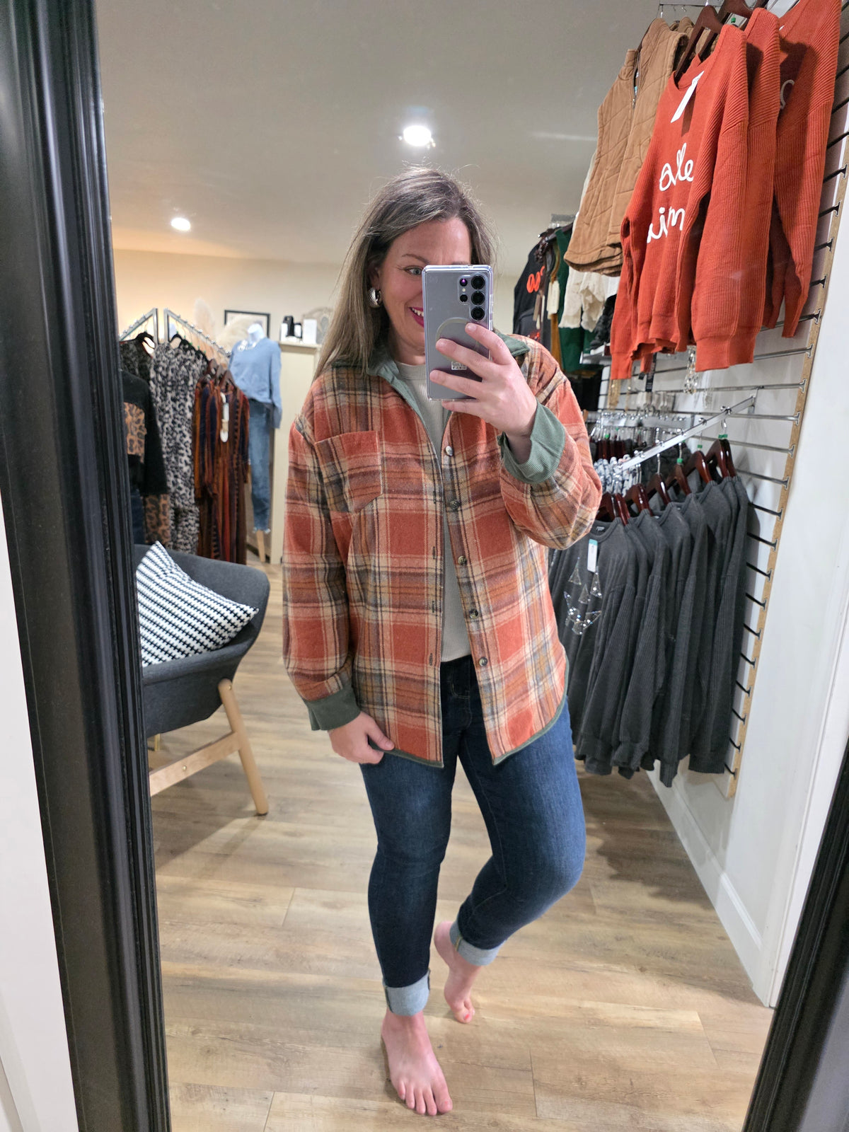 OLIVE CORD/RUST PLAID REVERSIABLE SHACKET