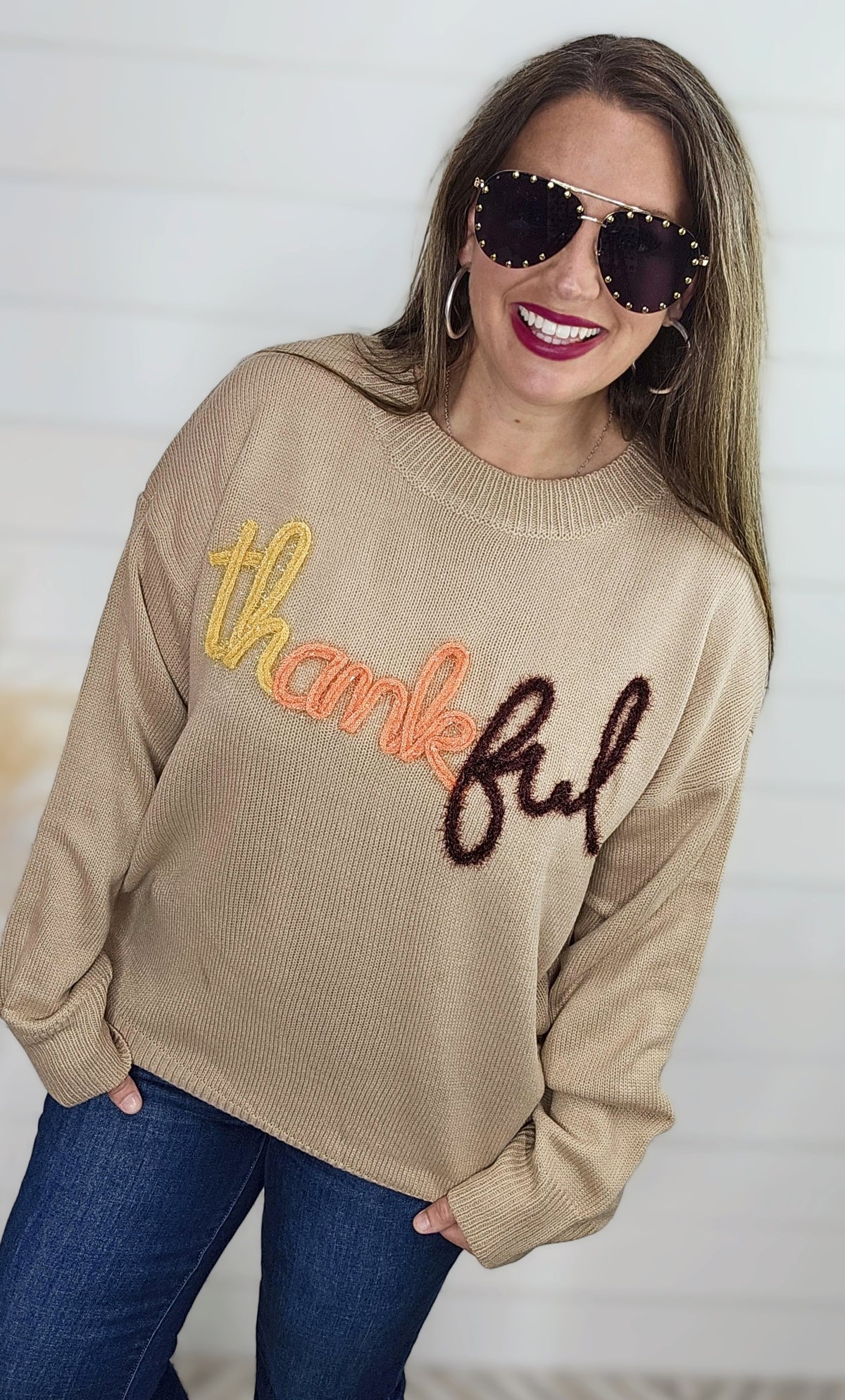 TAUPE METALLIC GLITTER POP "THANKFUL " SWEATER