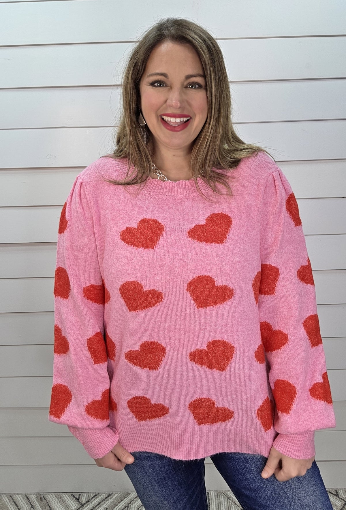PINK/RED HEART SWEATER W/ SCALLOPED NECKLINE
