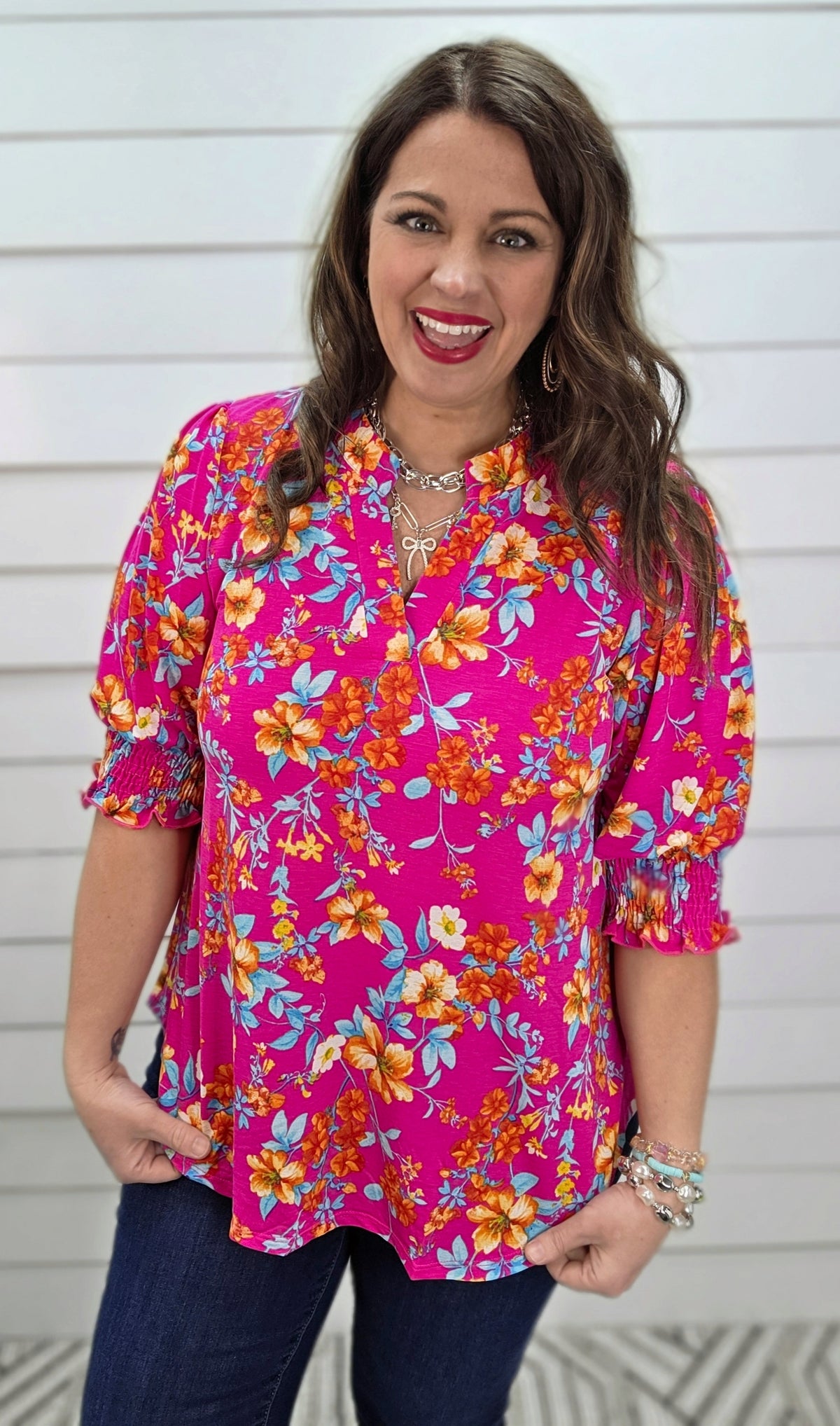 DEAR SCARLETT SMOCKED TOP - HOT PINK FLORAL PRINT