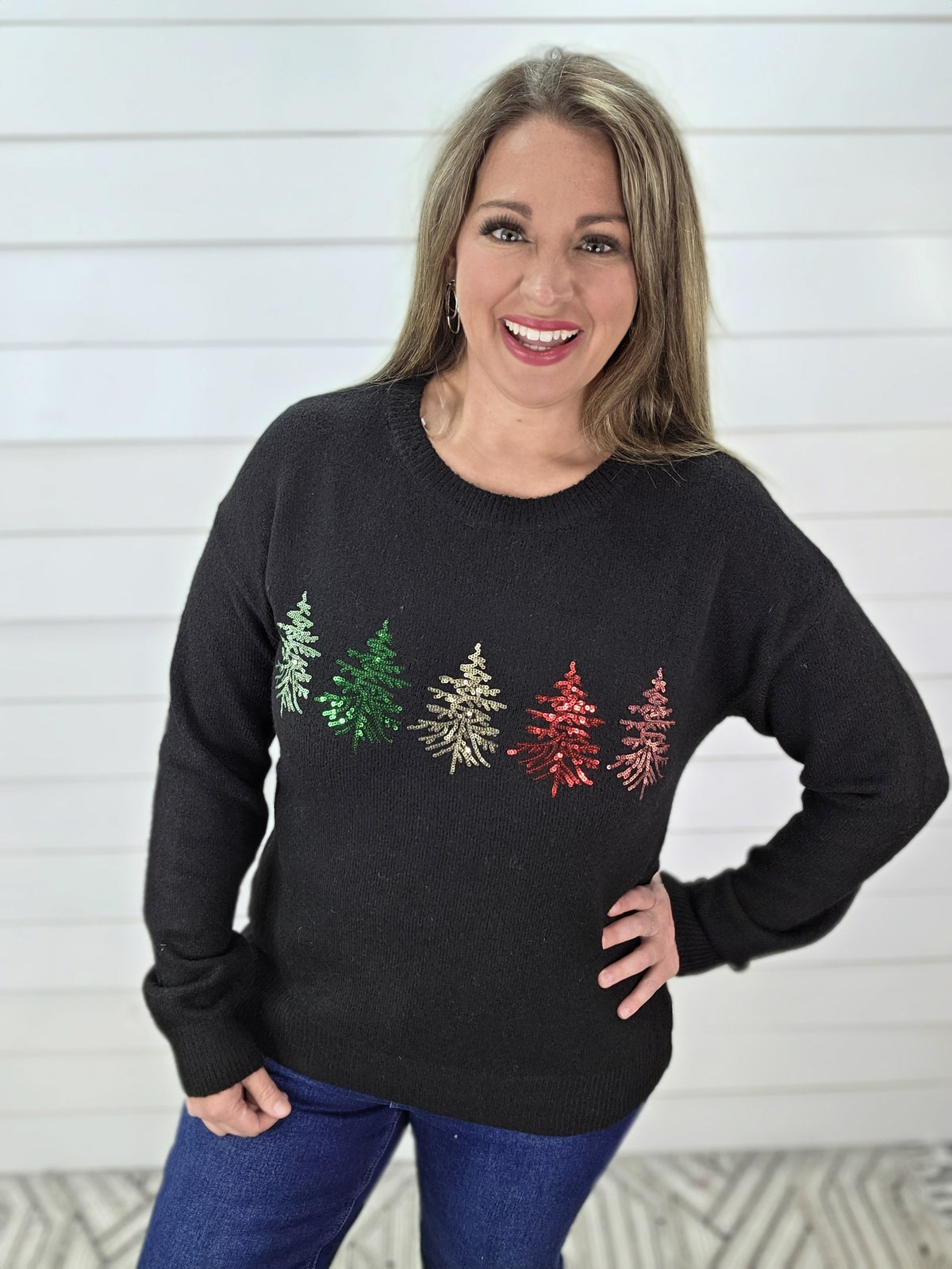 BLACK SEQUIN TREE KNIT SWEATER