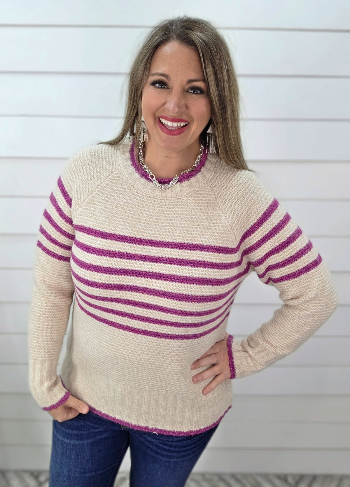 OATMEAL/MAGENTA STRIPED KNIT PULLOVER SWEATER