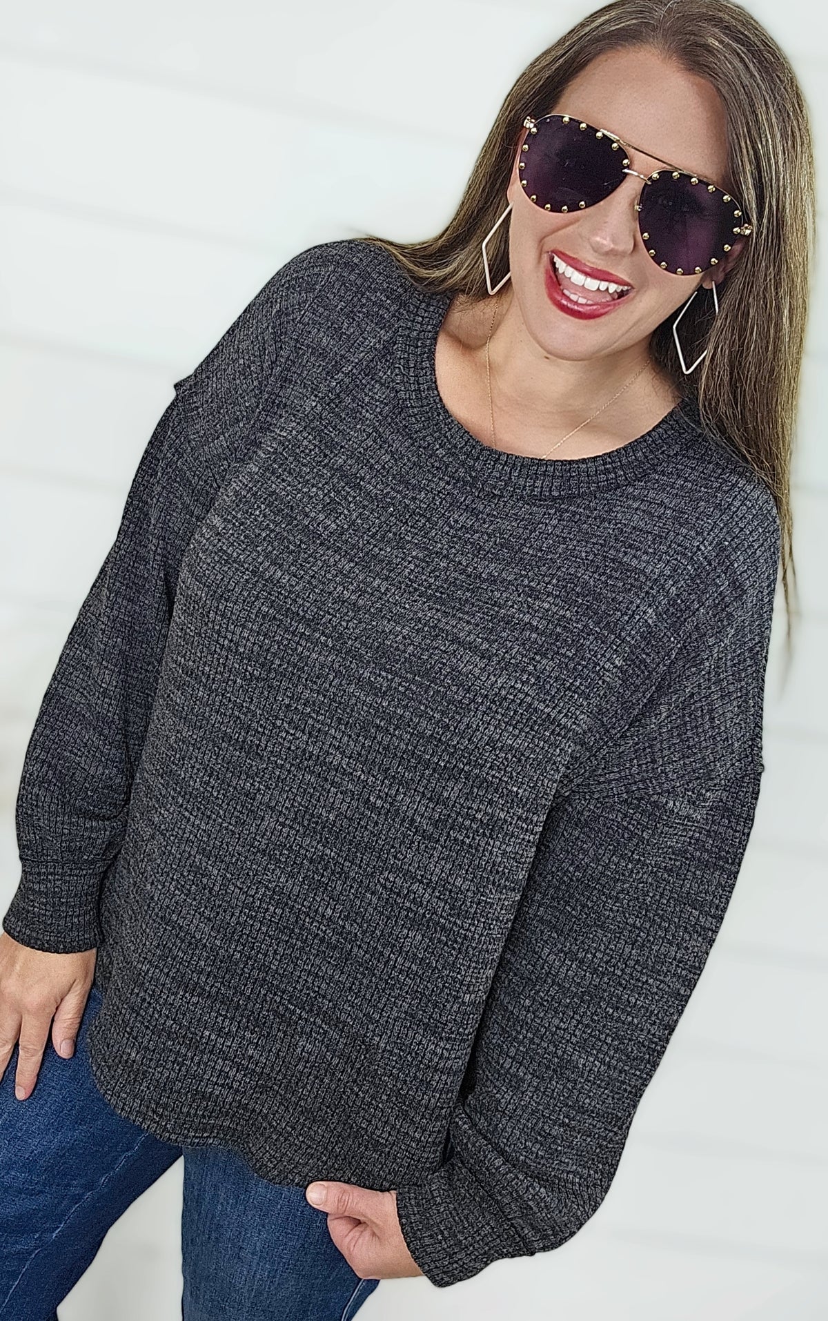 HEATHERED BLACK DROP SHOULDER LONG SLEEVE KNIT TOP