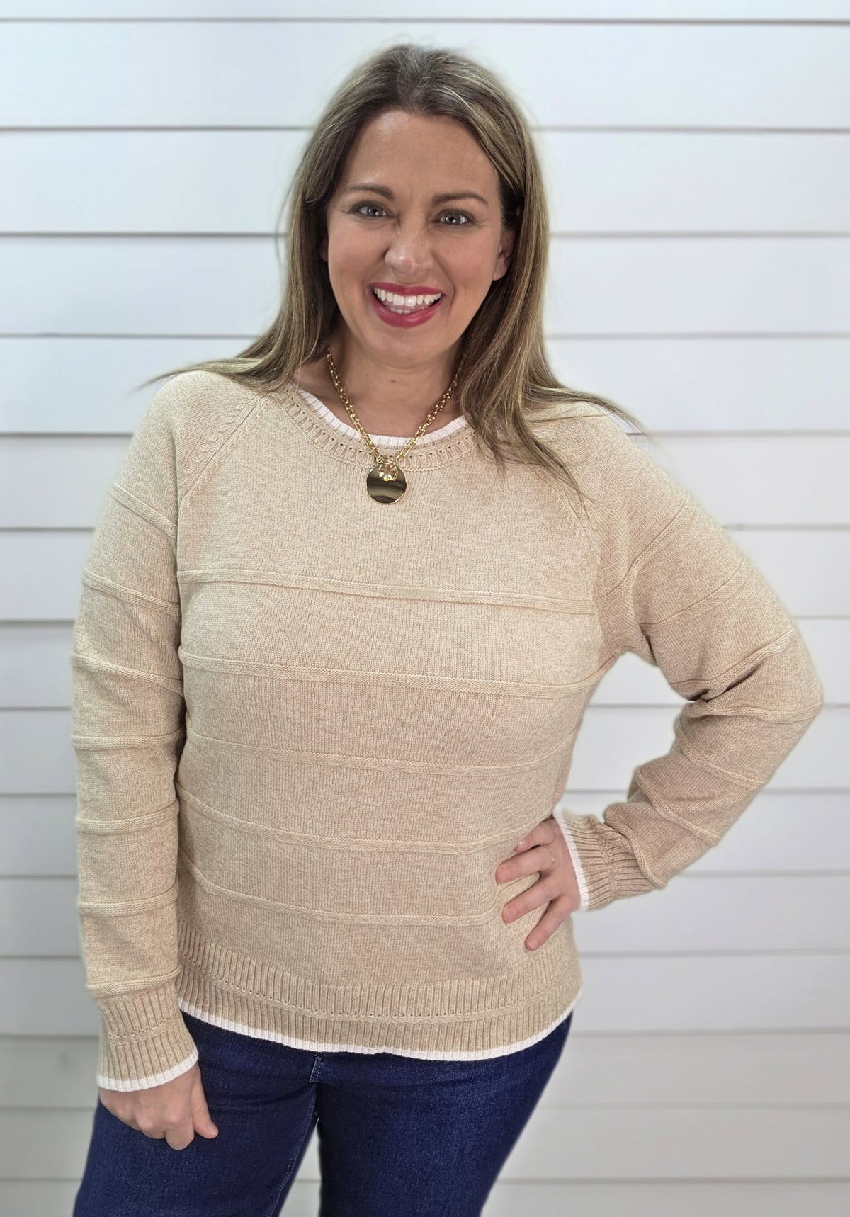 OATMEAL TEXTURED STRIPED PULLOVER SWEATER