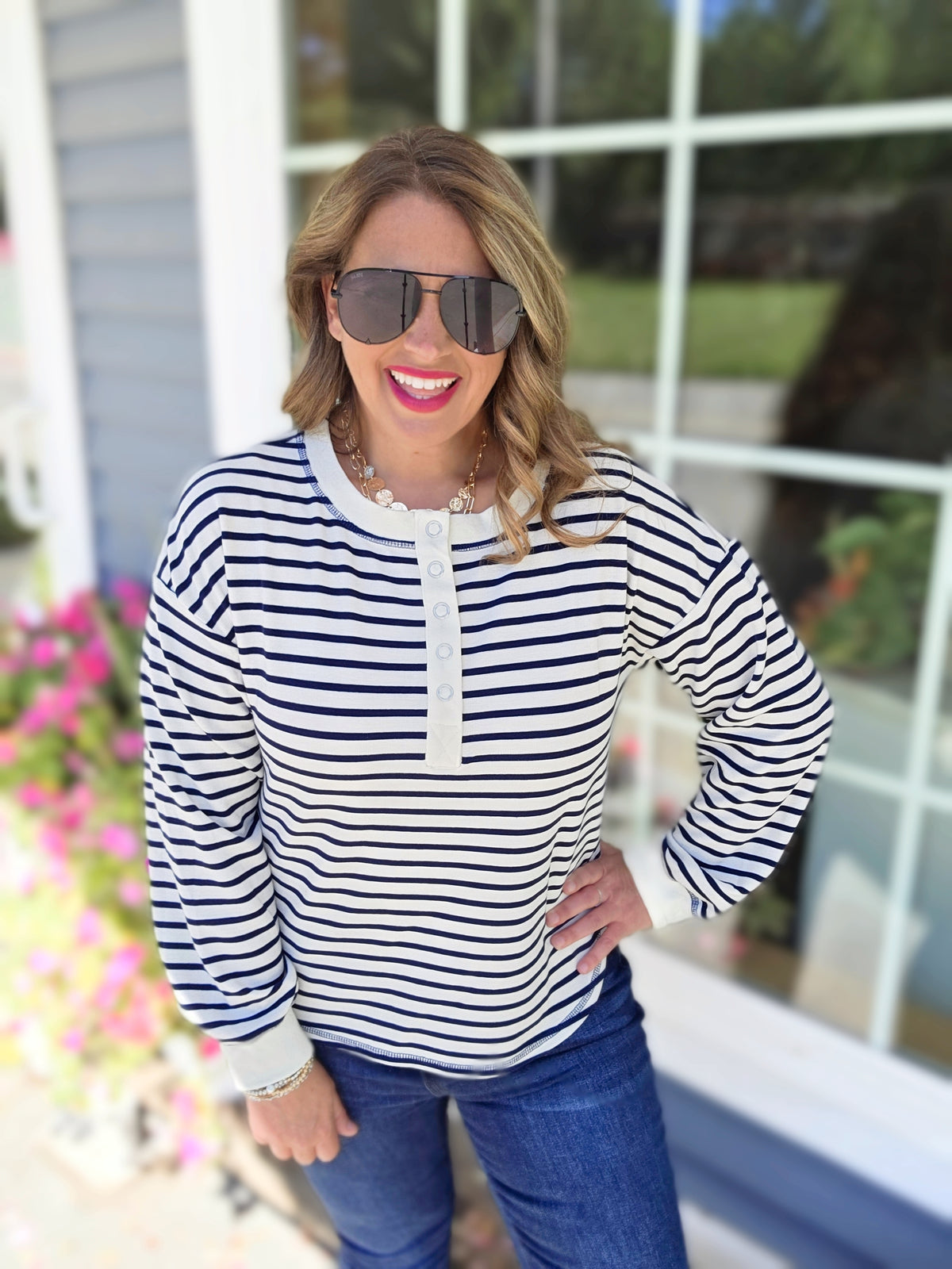 NAVY/CREAM STRIPED SNAP BUTTON HENLEY TOP