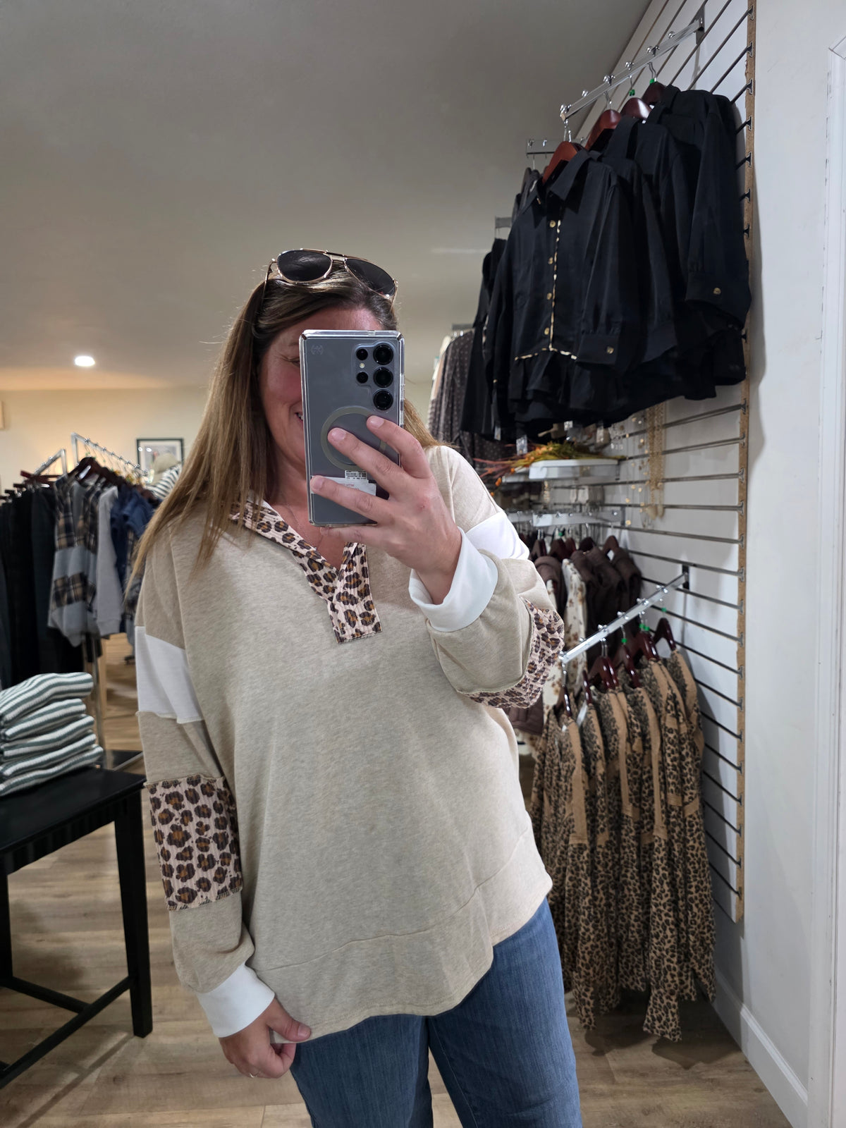 TAUPE OATMEAL/Animal Print Long Sleeves FRENCH TERRY TOP
