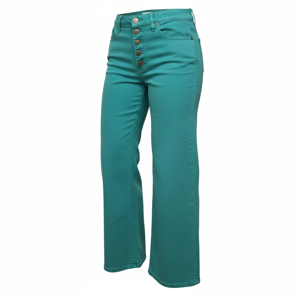 CLOVER GREEN BUTTON FRONT STRETCH WIDE LEG JEANS