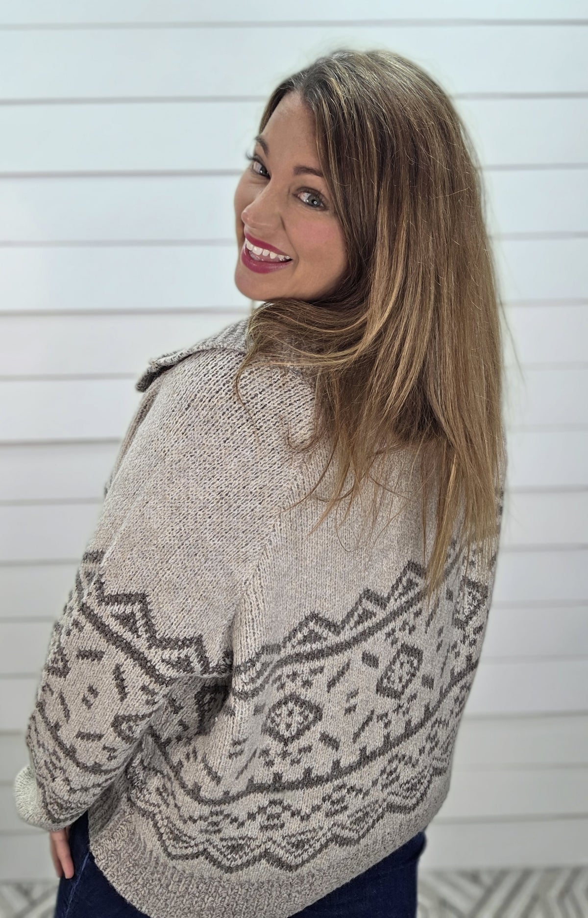 LIGHT TAUPE PRINTED BUTTON CARDIGAN/SWEATER WITH LAY DOWN COLLAR