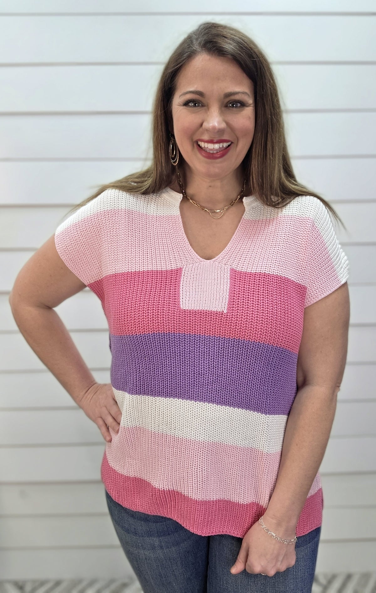 PINK/PURPLE/WHITE COLORBLOCK SHORT SLEEVE SWEATER KNIT TOP