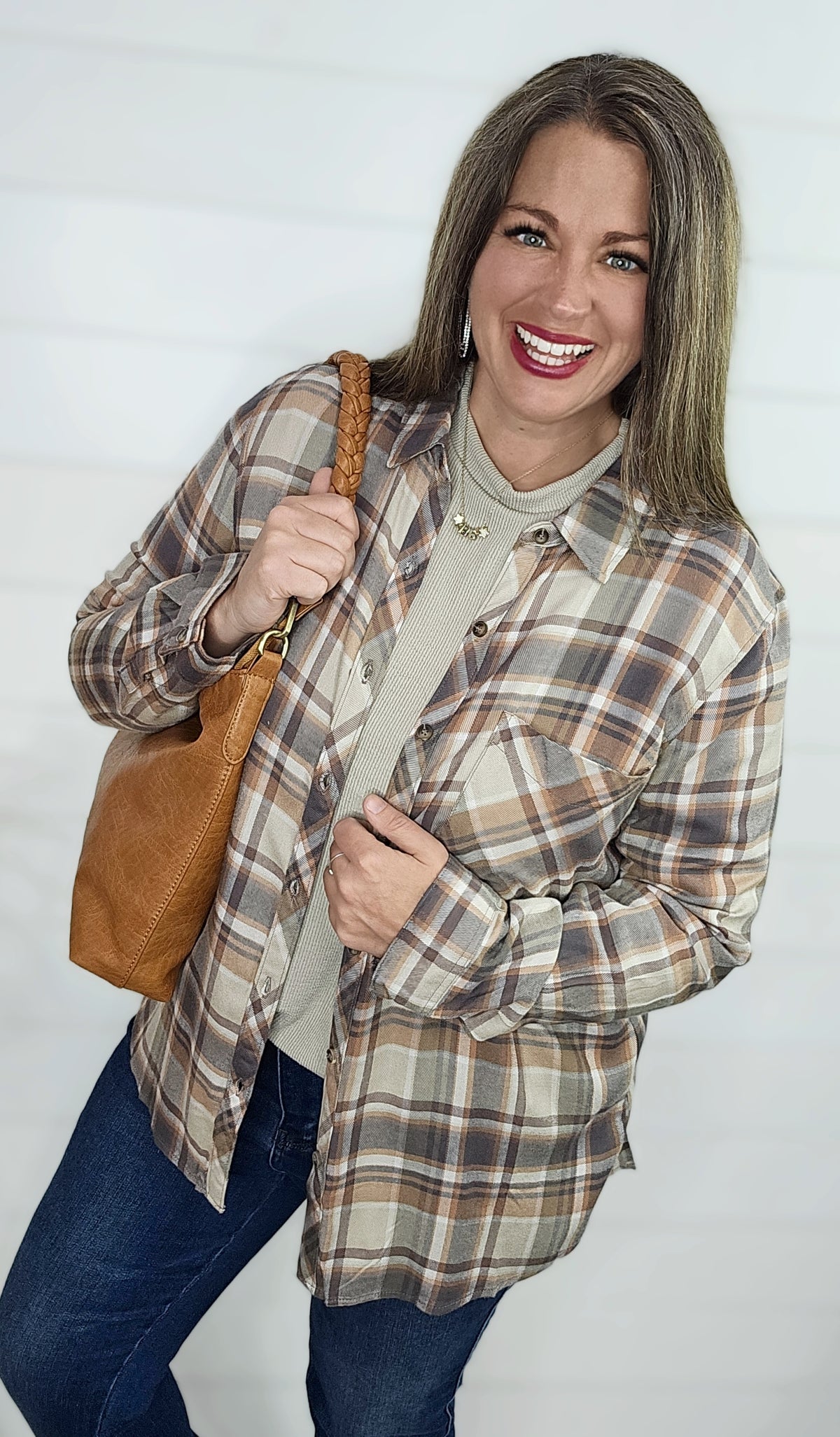 MULTI SOFT NEUTRAL BUTTON UP PLAID TOP