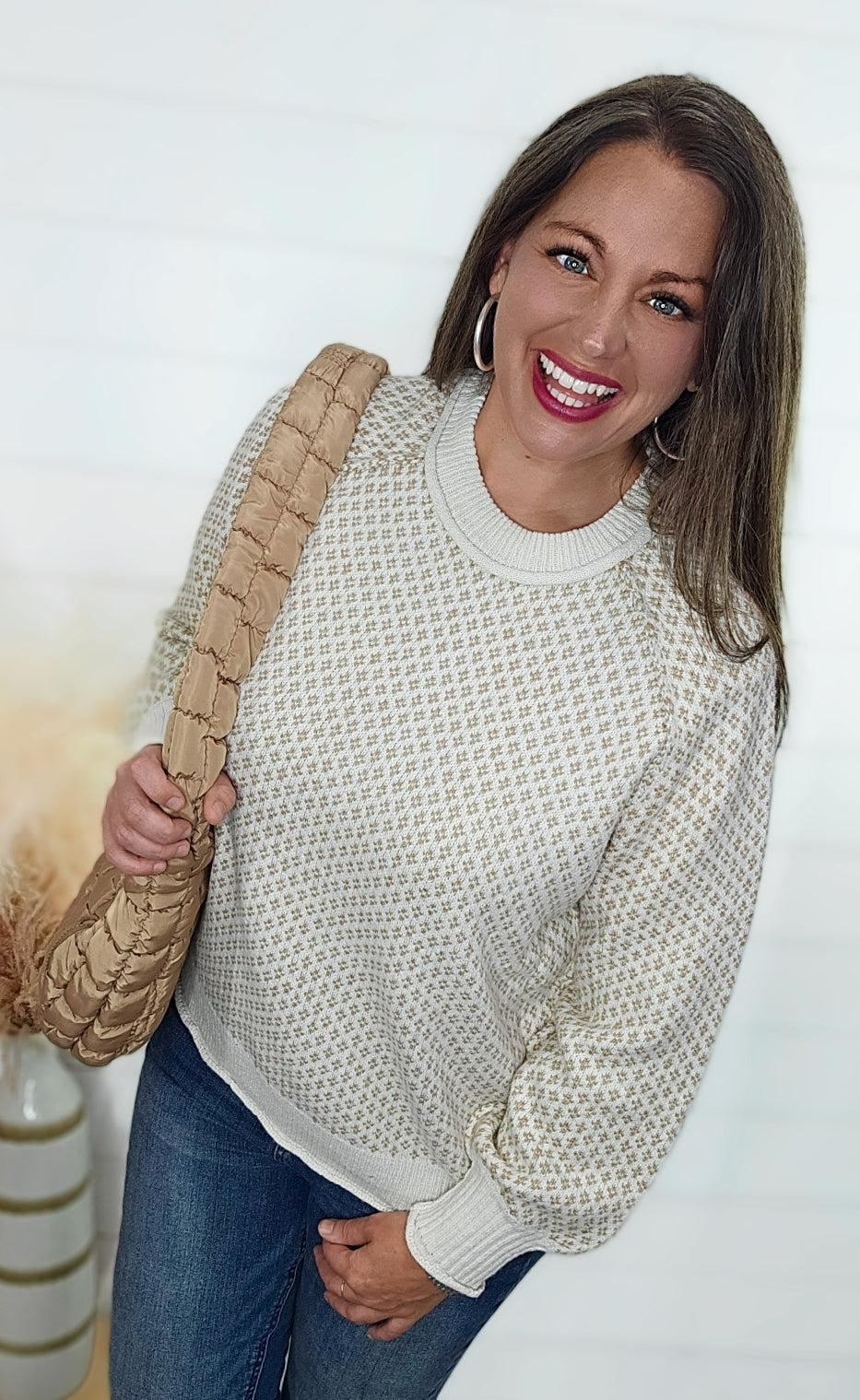 BEIGE PRINTED CREW NECK SWEATER