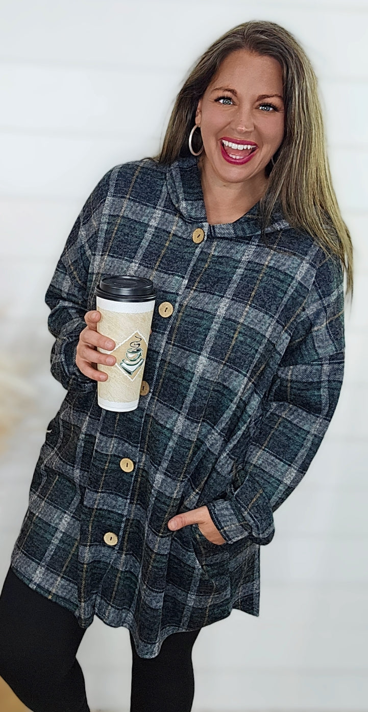 HUNTER GREEN PLAID BUTTON DOWN HOODED TUNIC