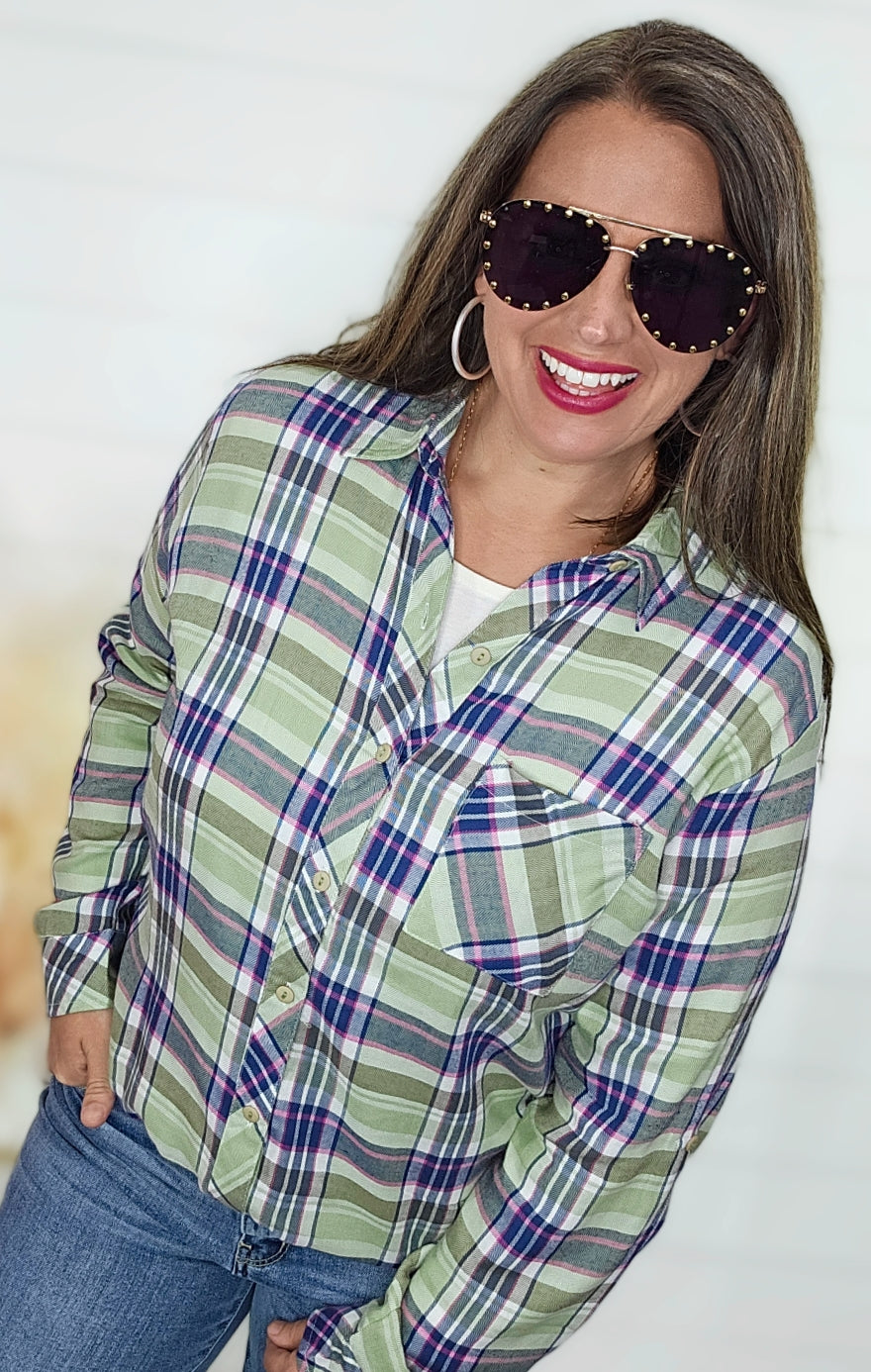 GREEN/BLUE PLAID ROLLUP SLEEVE TOP