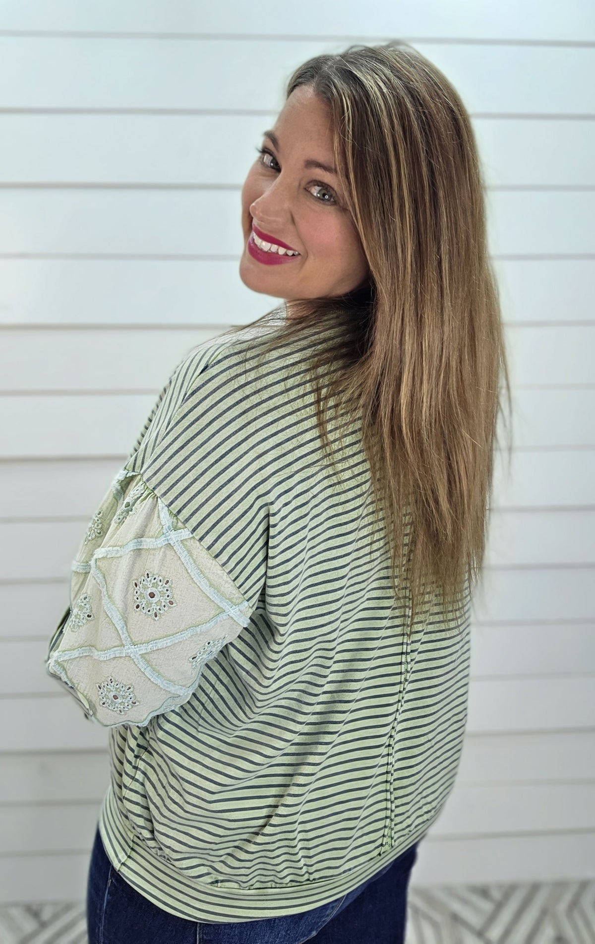 DUSTY SAGE STRIPED KNIT TOP W/ CROCHET AND FLORAL ACCENT SLEEVES