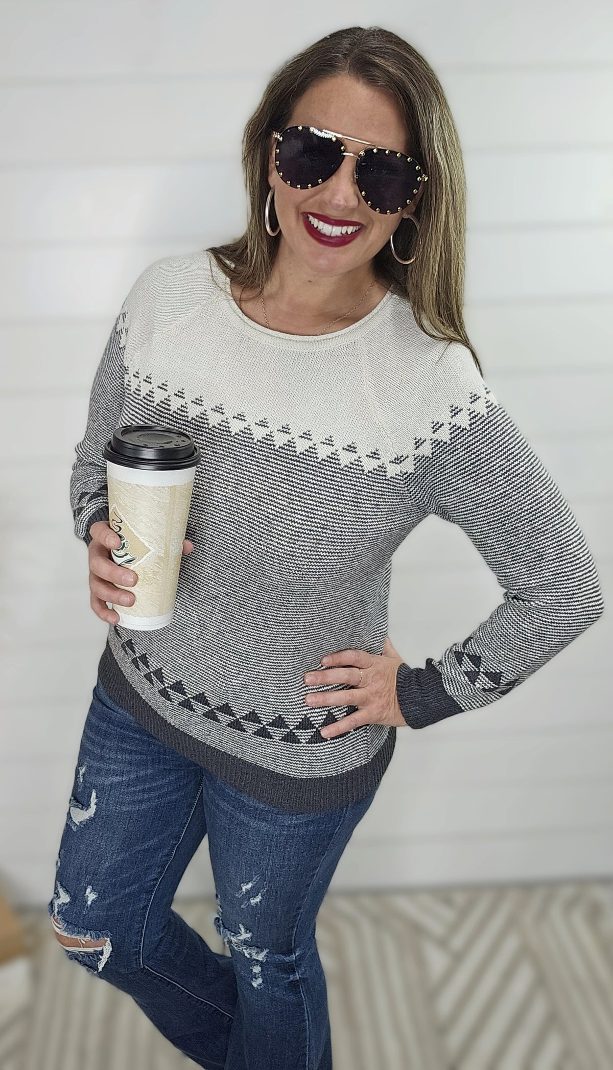 GUNMETAL PATTERNED CREW NECK SWEATER