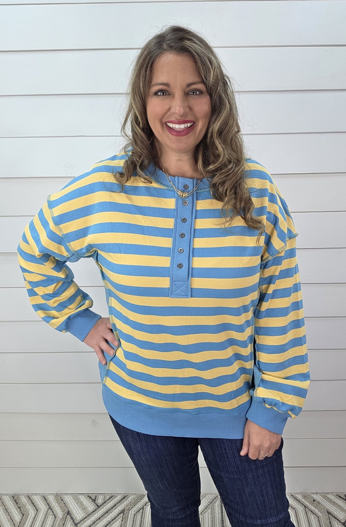 YELLOW/BLUE STRIPED FRENCH TERRY HENLEY PULLOVER
