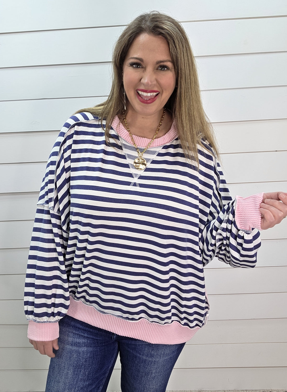 NAVY STRIPED OVERSIZED TOP W/ PINK RAISED RIBBED TRIM