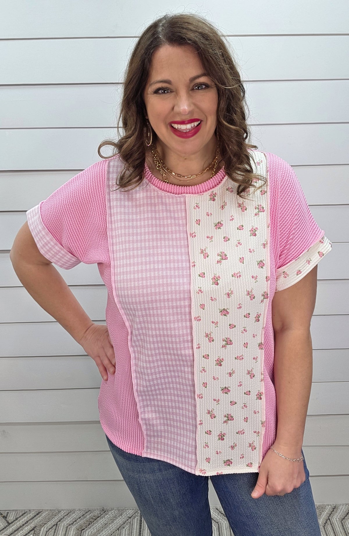 PINK RAISED RIBBED/GINGHAM/FLORAL COLORBLOCK KNIT TOP