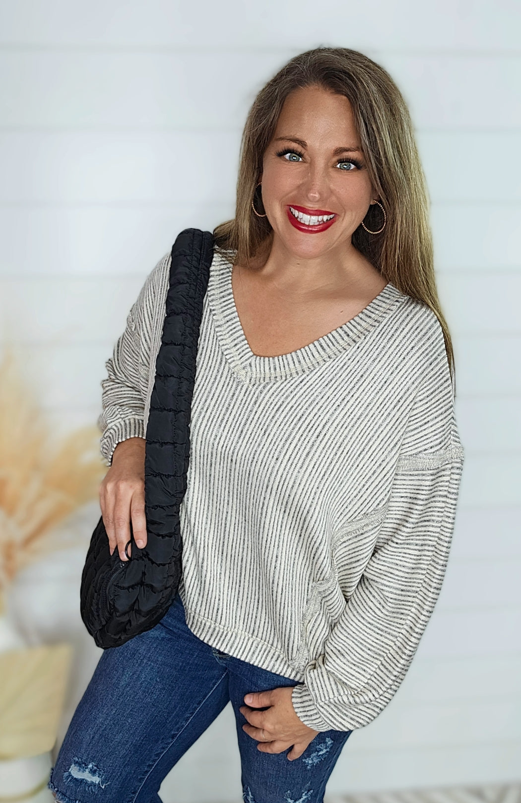 CHARCOAL STRIPED V NECK DROP SHOULDER KNIT TOP