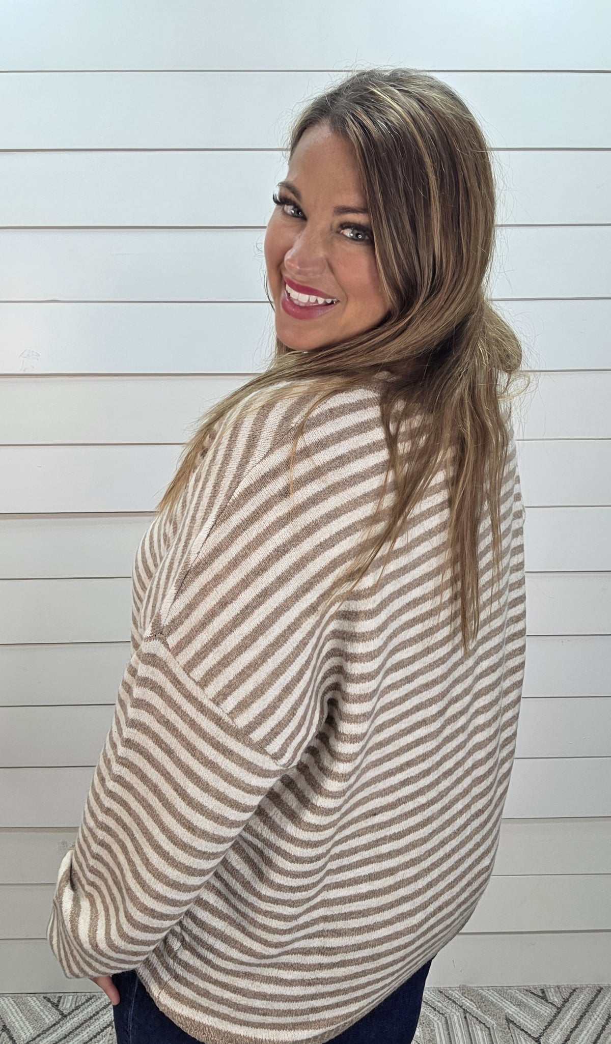 MOCHA Button Henley Stripe Long Sleeve Drop Shoulder Sweater
