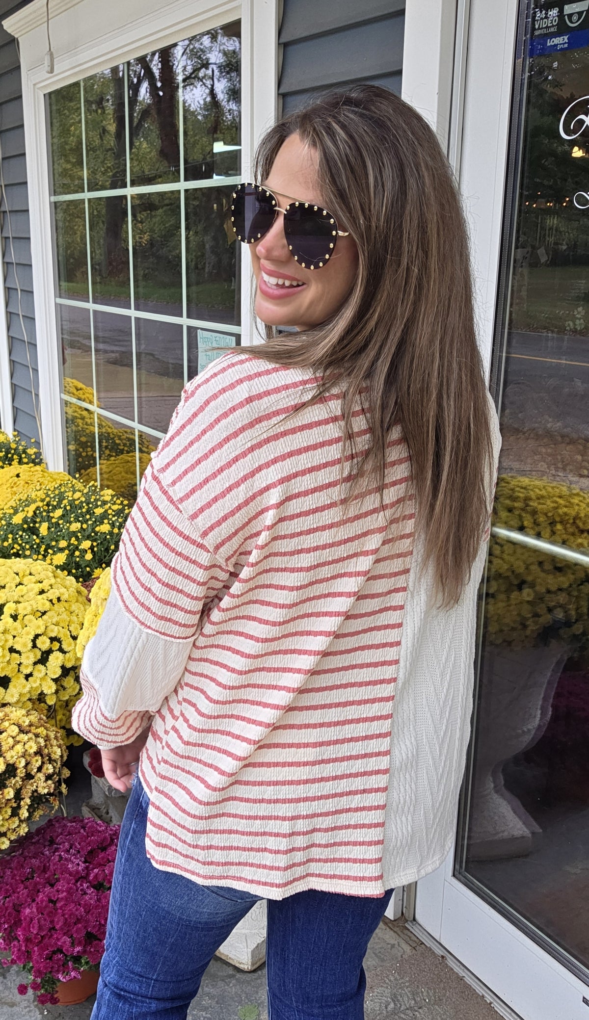 MAUVE CONTRAST STRIPED/TEXTURED BUTTON TRIM KNIT TOP