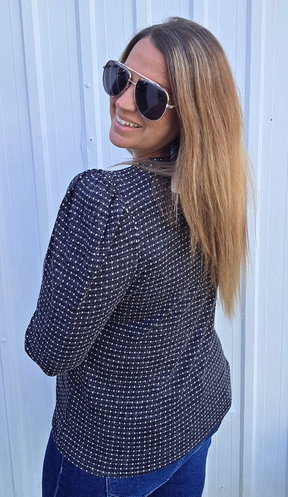 Black Dotted Puff Sleeve Crewneck Knit  Top