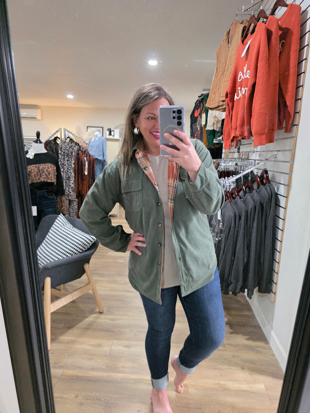 OLIVE CORD/RUST PLAID REVERSIABLE SHACKET