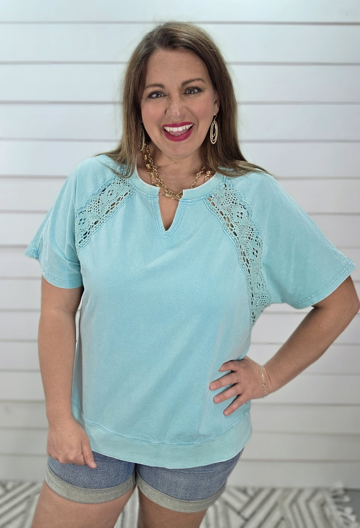 MINT MINERAL WASH LACE TRIM KNIT TOP