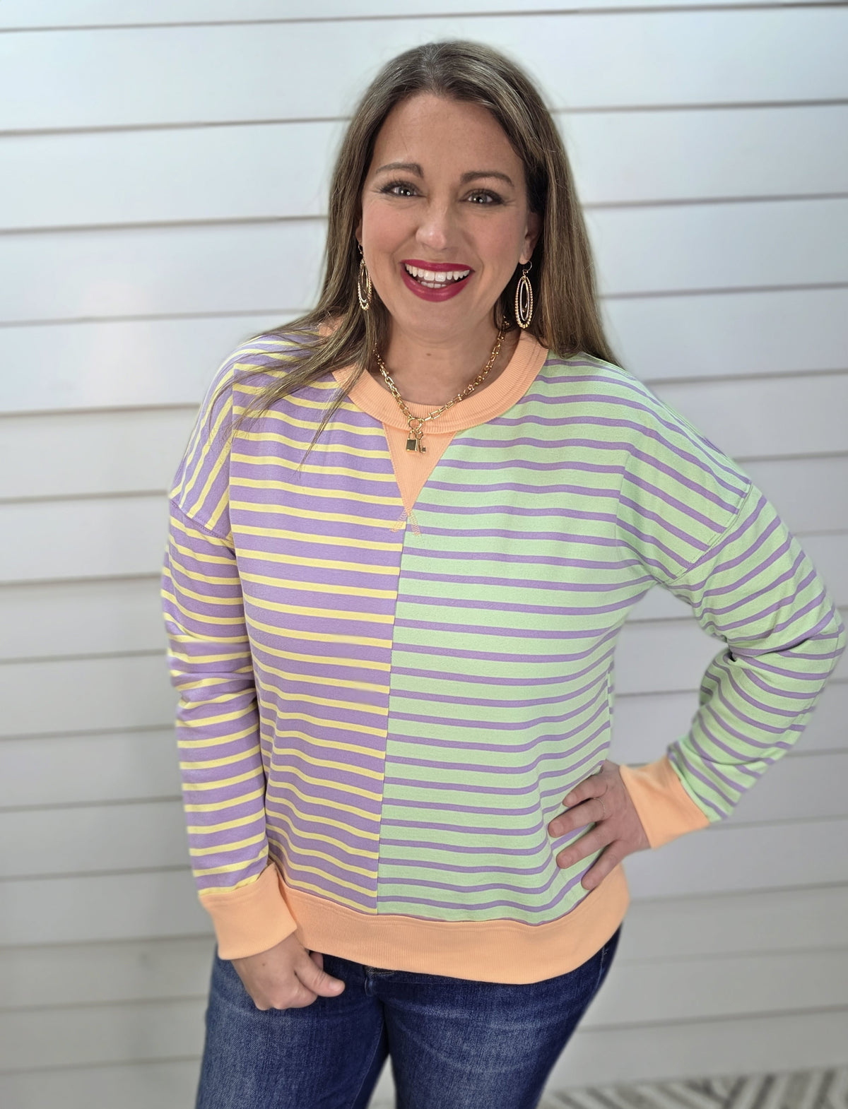 LAVENDER/LEMON/SAGE/ORANGE STRIPED CONTRAST COLORBLOCK FRENCH TERRY TOP