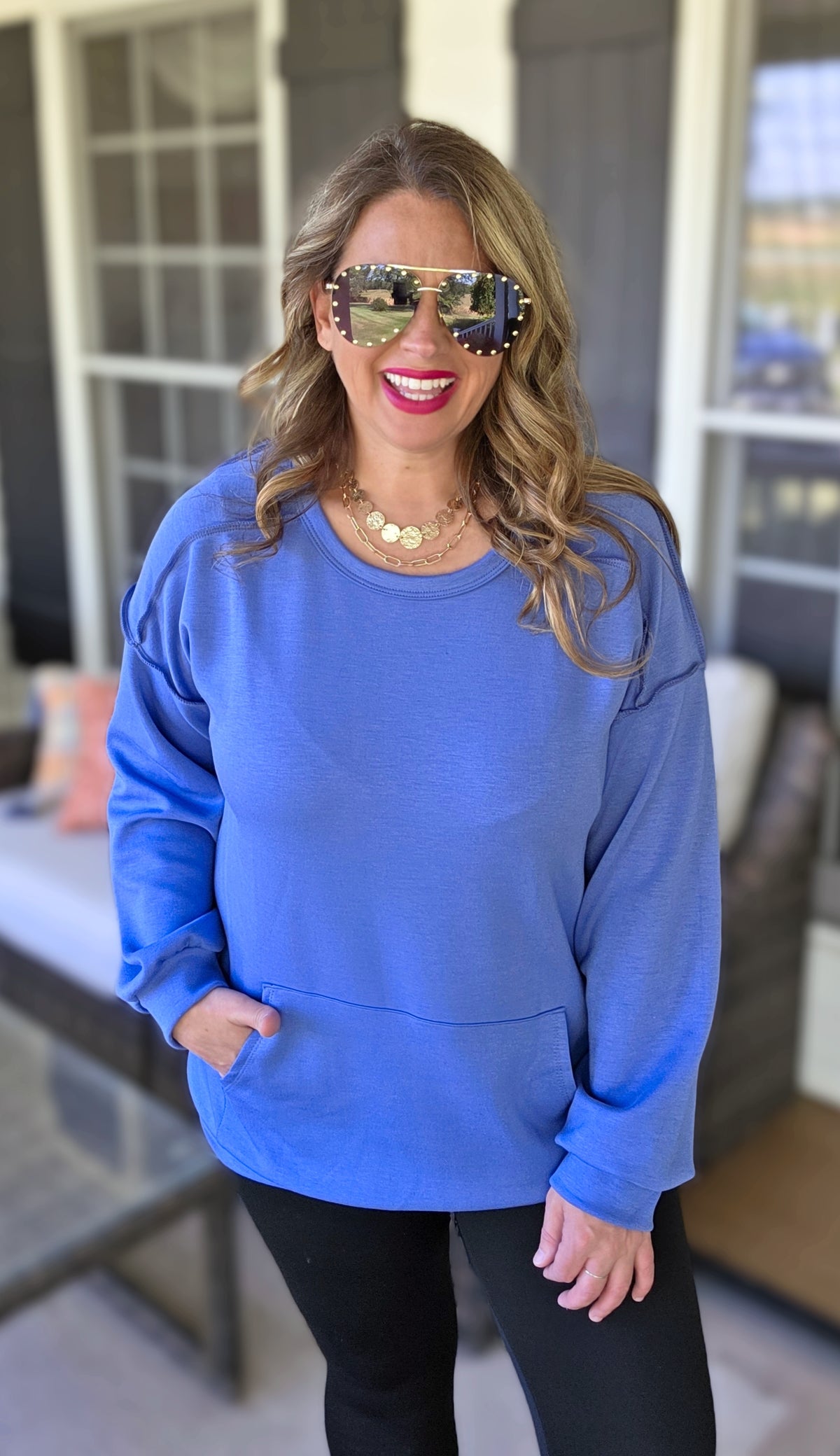 DENIM SCUBA CREW NECK PULLOVER WITH KANGAROO POCKET