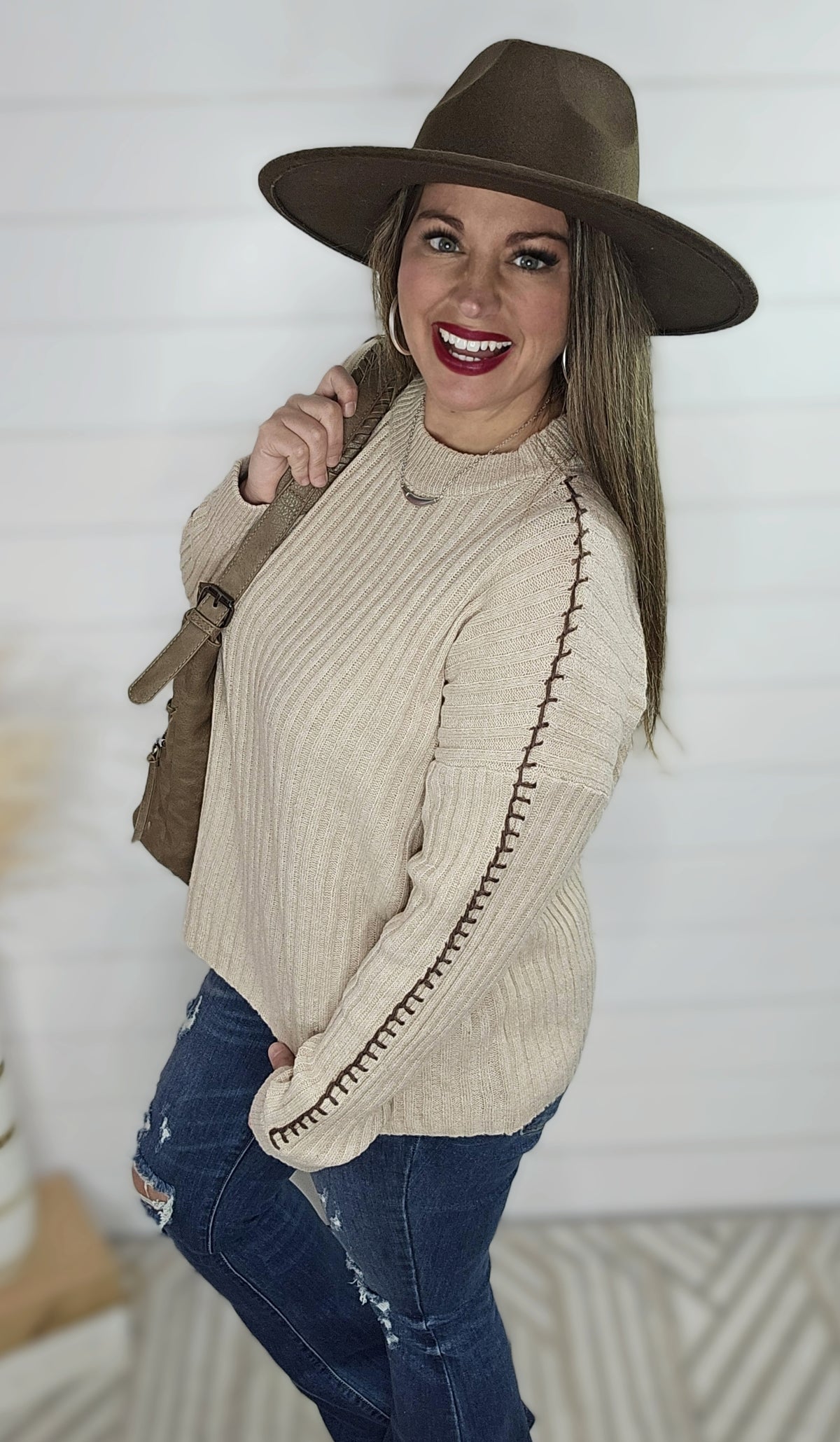 MOCHA VERTICAL STRIPED BLANKET STITCH SWEATER