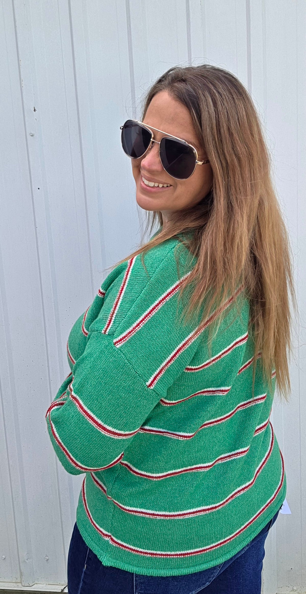 GREEN/RED Draw String Hem, Long Sleeve, Wide Crew Neck, Striped SWEATER