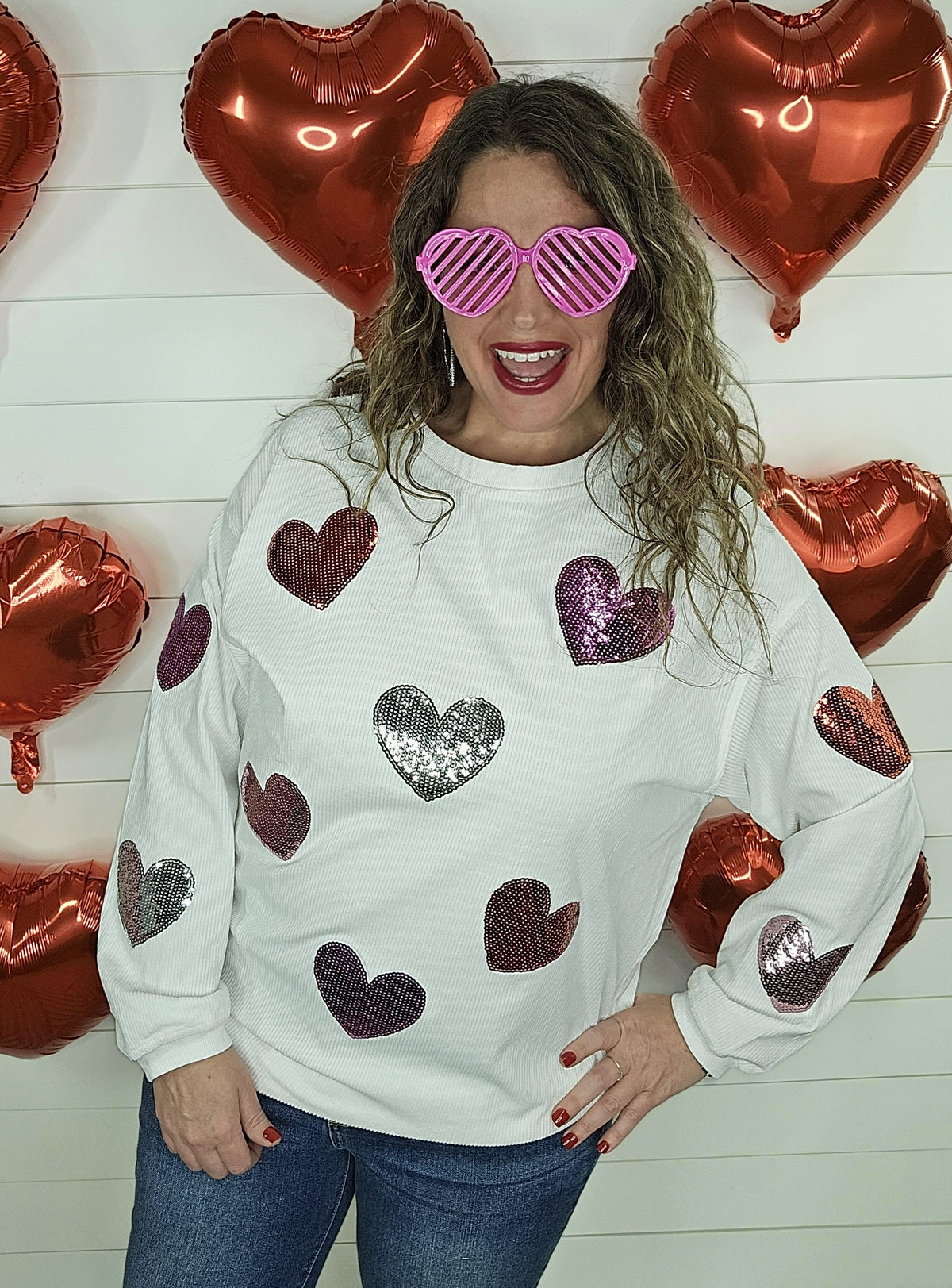 WHITE CORDED PULLOVER W/ SEQUIN HEARTS