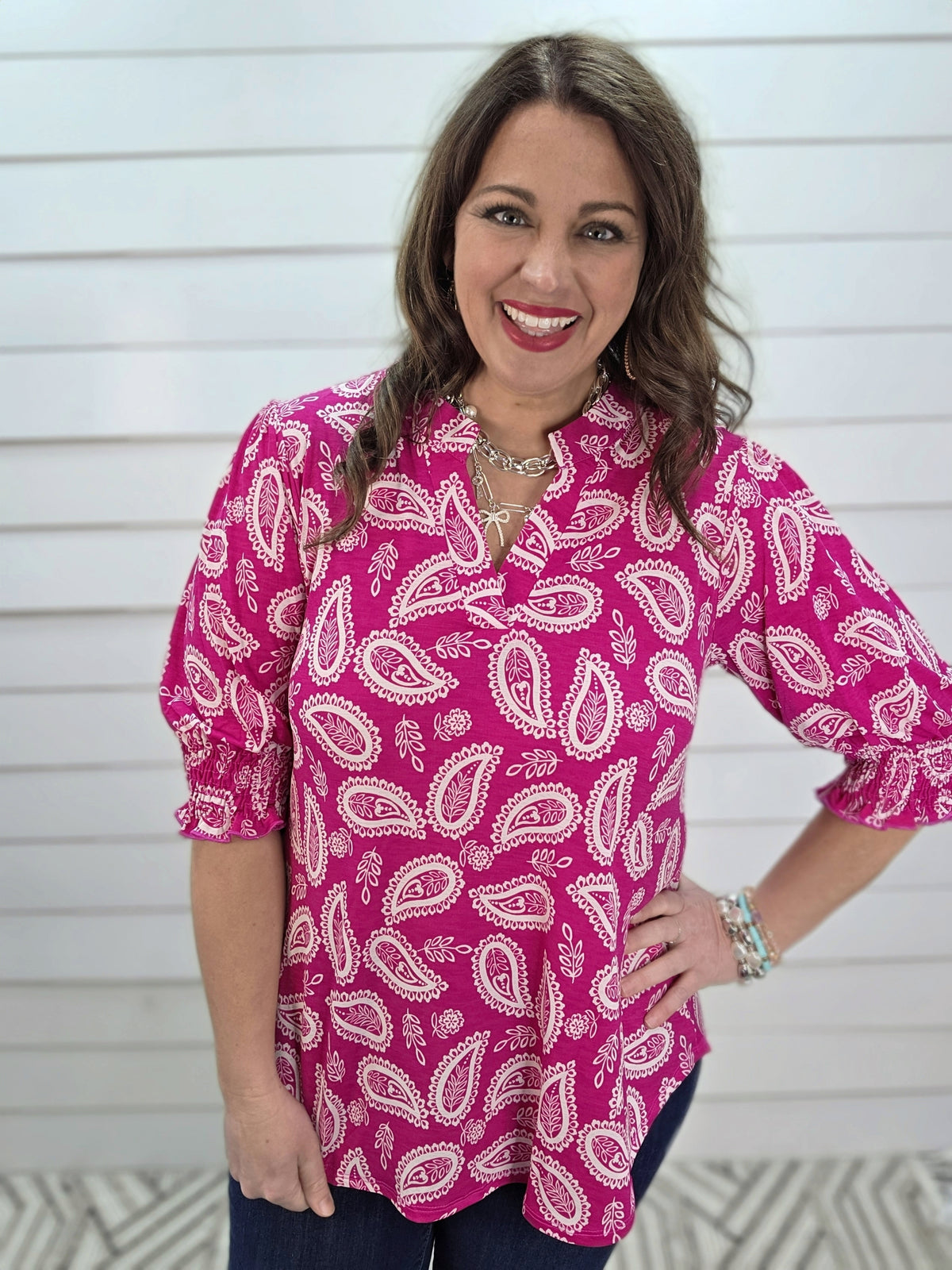 DEAR SCARLETT SMOCKED TOP - HOT PINK PAISLEY